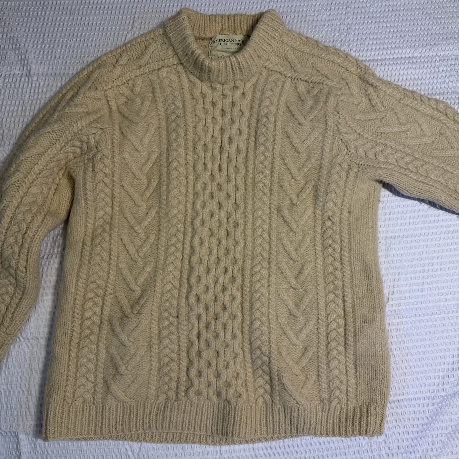 VTG American Eagle Beige 100% Wool Cable Knit Fisherman Sweater Handknit Size M