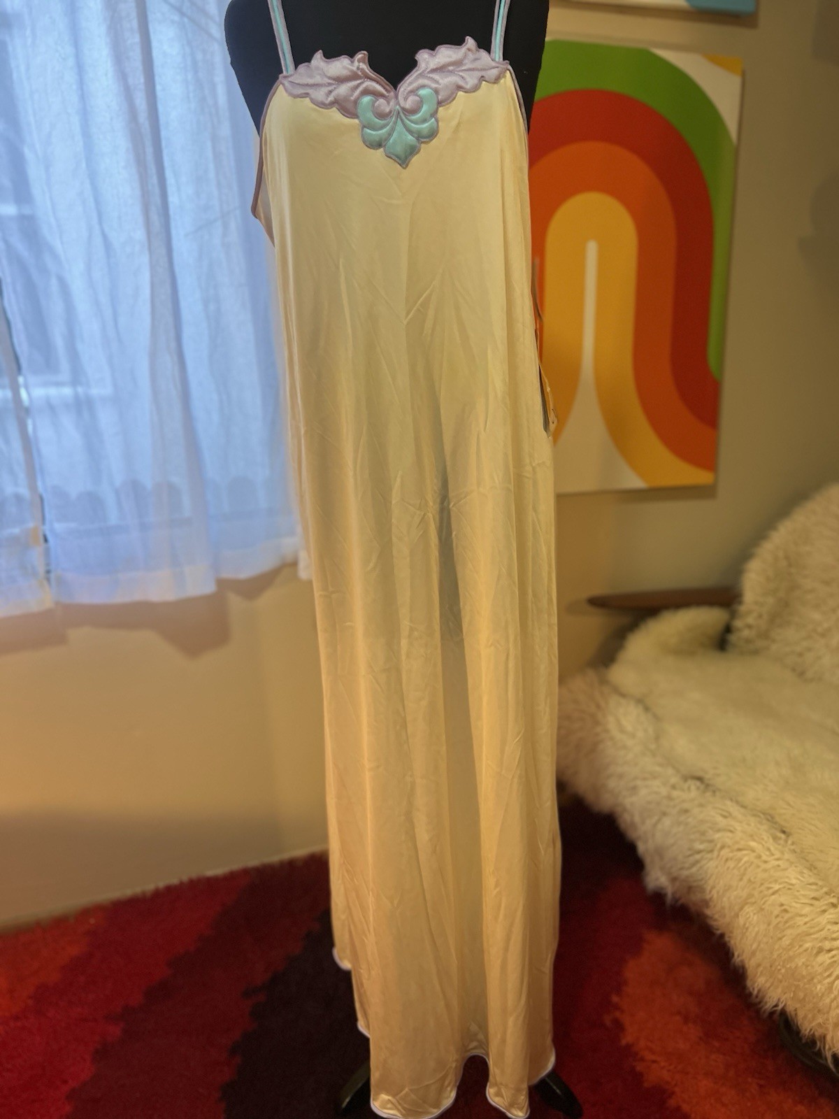 VTG Vanity Fair Silky Nylon Tricot Ivory ArtDeco Full Length Slip Dress Gown USA