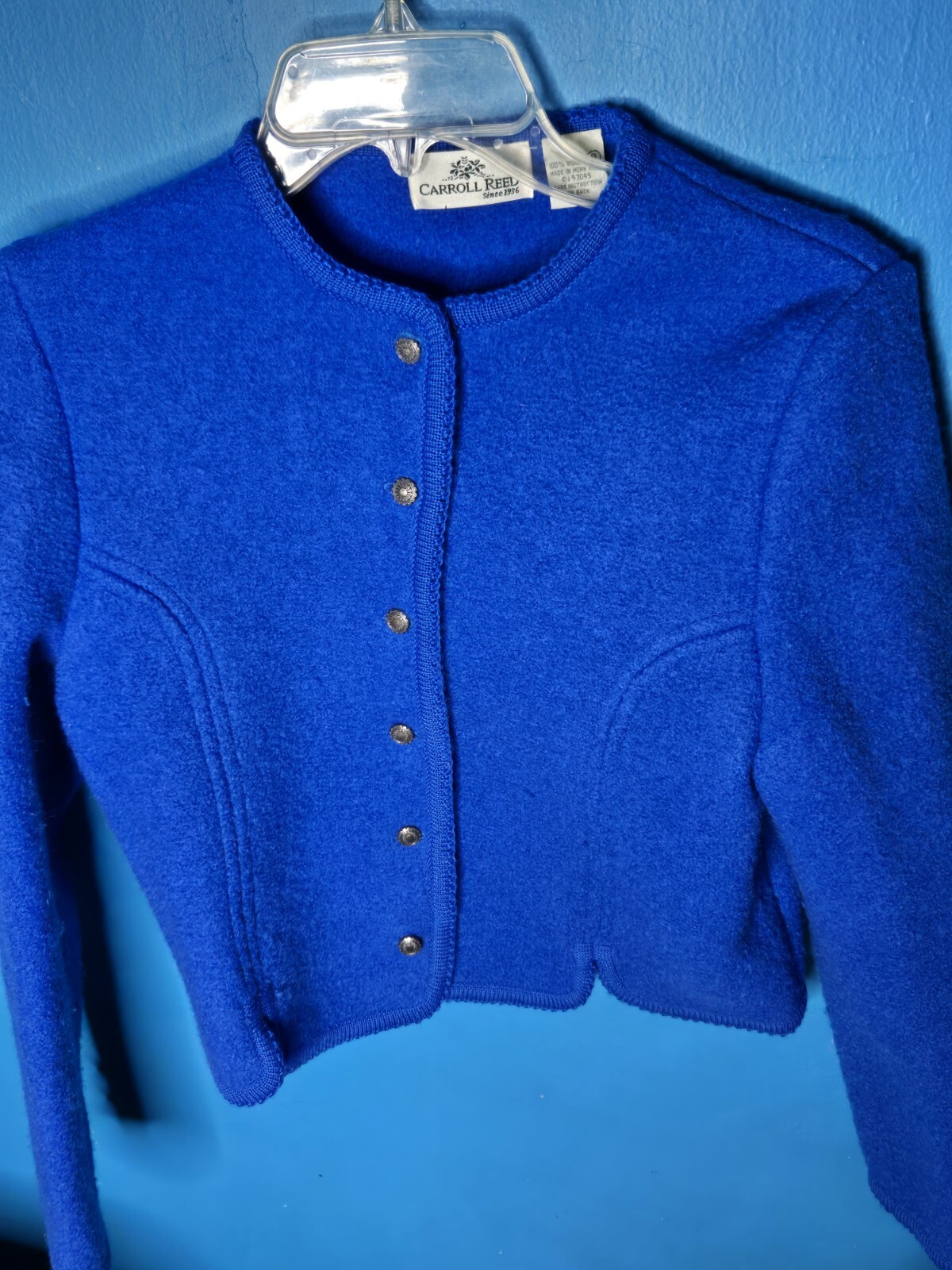 Vintage 70s 80s Gorgeous Carroll Reed Blue Boiled Wool Cardigan Size 8 Hong Kong