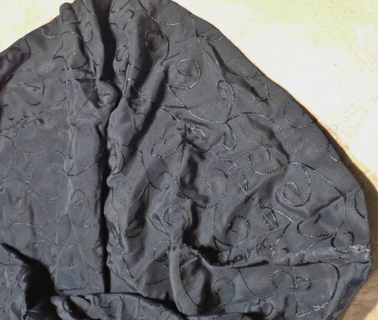 Vtg 50s PAT PERKINS Black Sheath Dress Pockets Embroidered Faille Wiggle M LBD