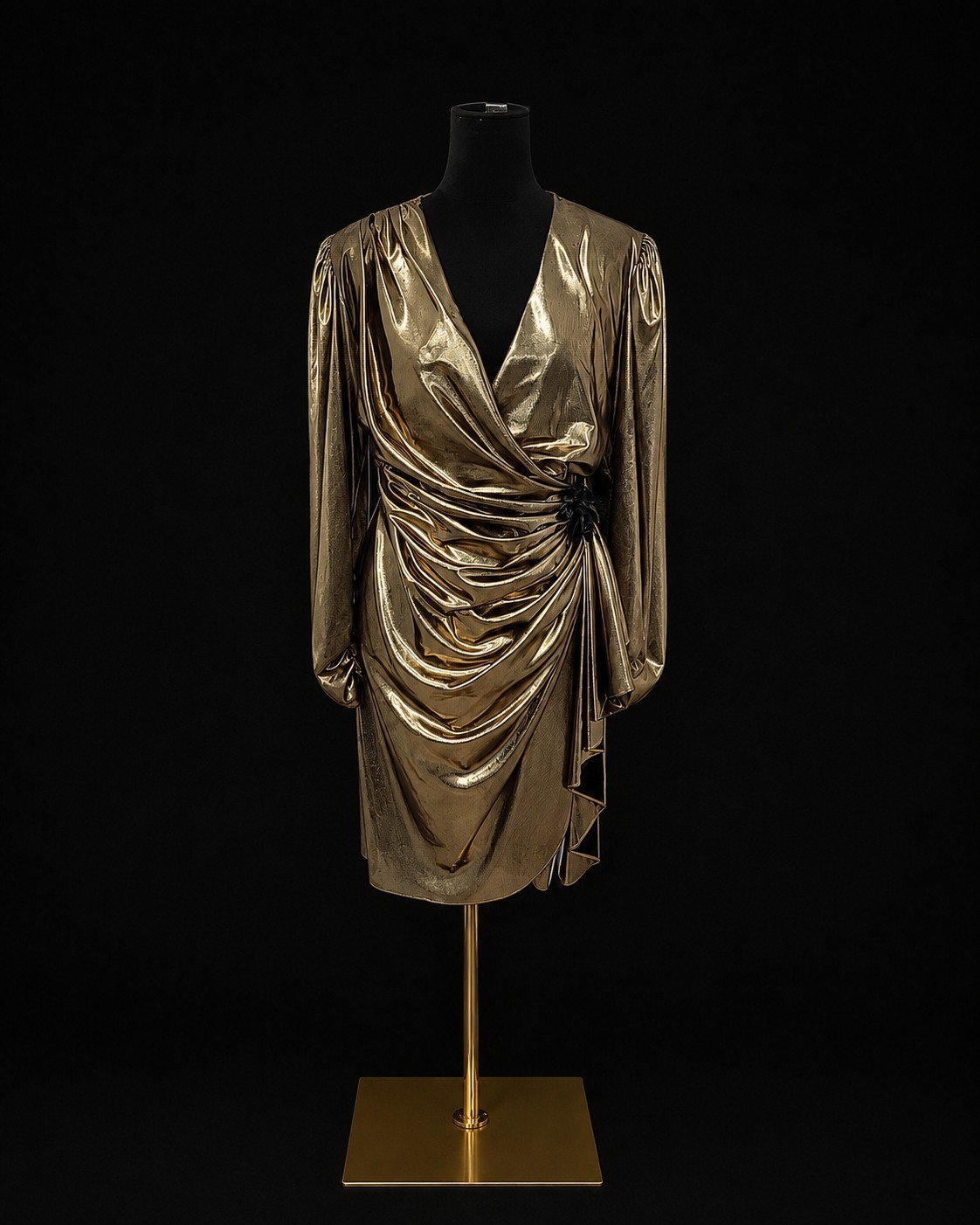Vintage 80s Filigree Metallic Gold Lamé Ruched Wrap Cocktail Dress Draped Party