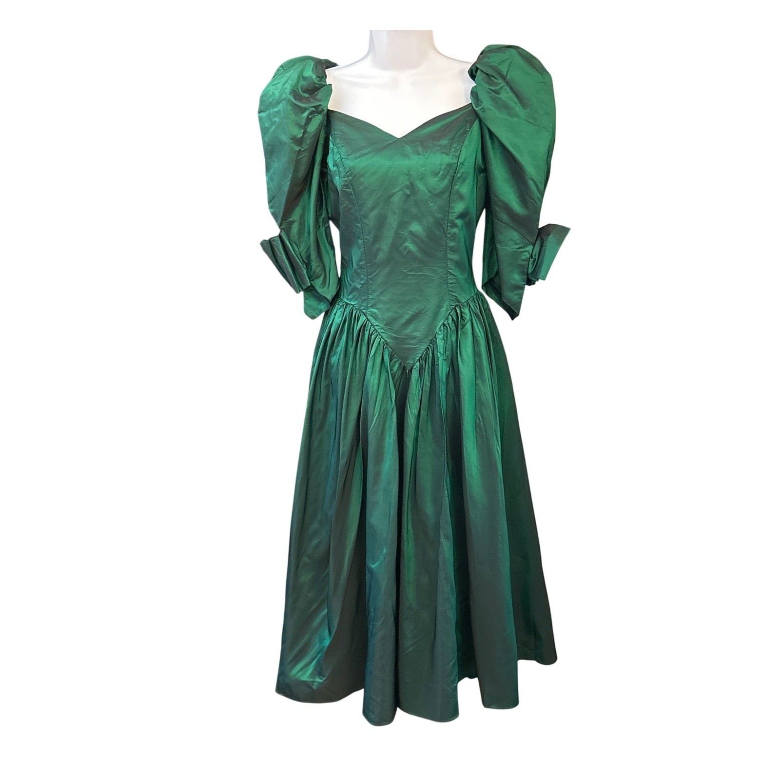 80s Unbranded Taffeta Dress Emerald Green Puff Sleeve Prom Party Gown Vintage