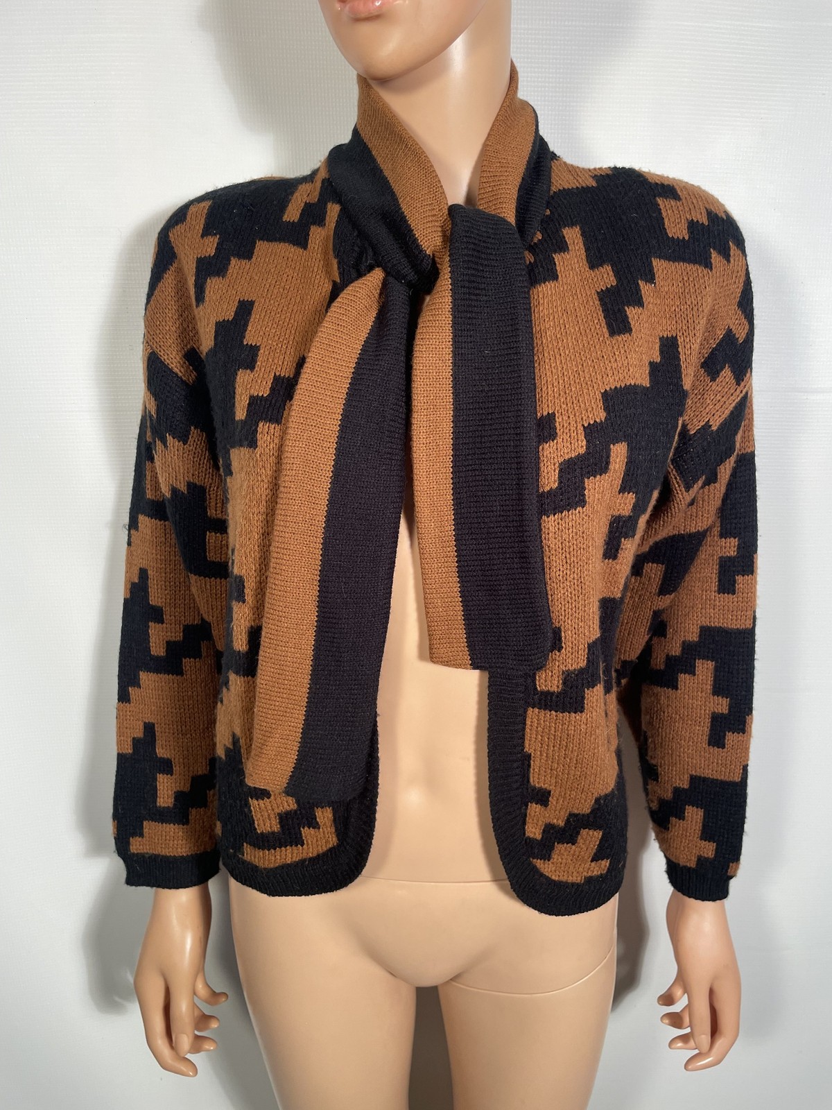 Vintage 1980s Brown Houndstooth Cardigan With Attached Collar Tie Size M