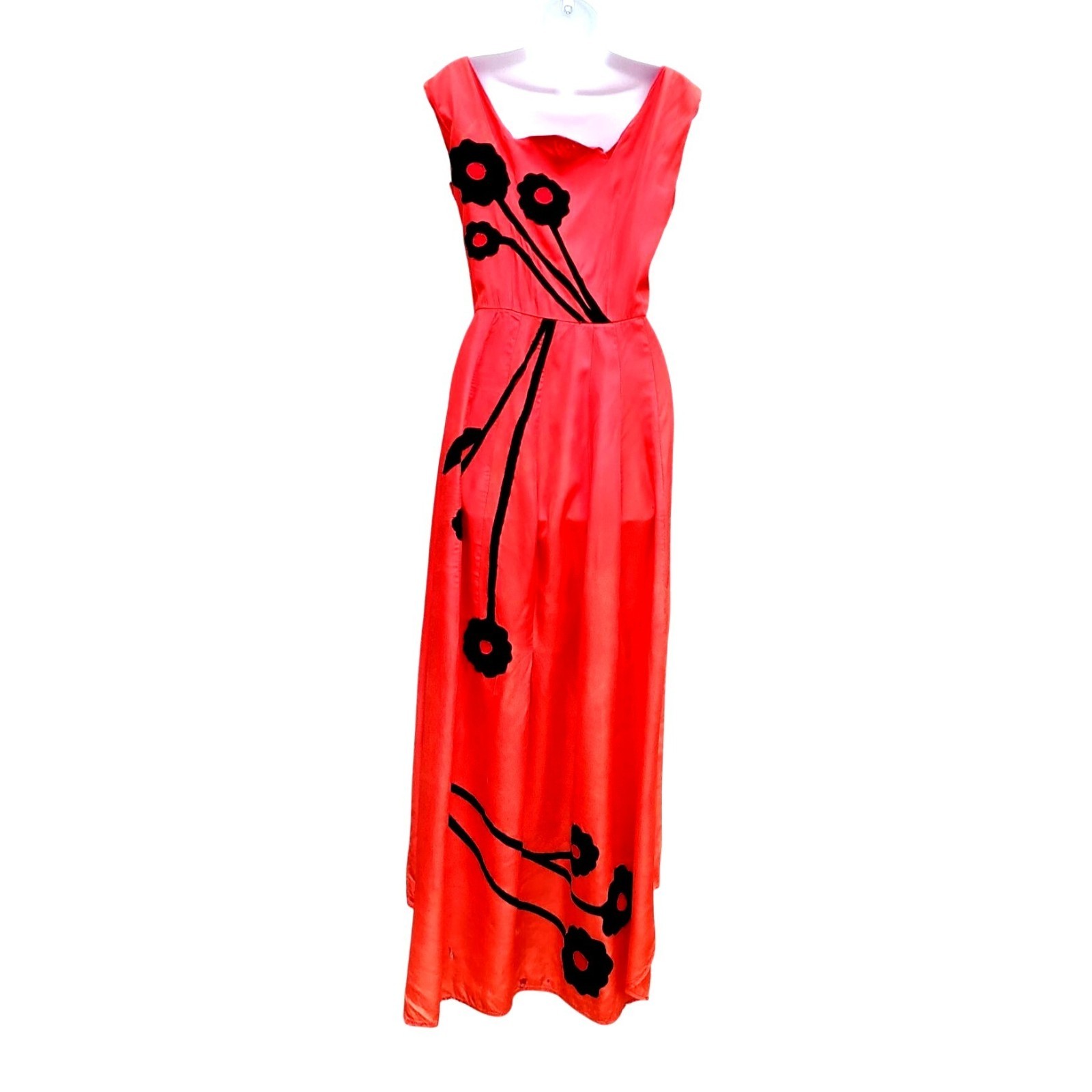 Vintage 30s Style Red Orange Acetate Maxi Size S Black Appliqué Gown Prom Dress