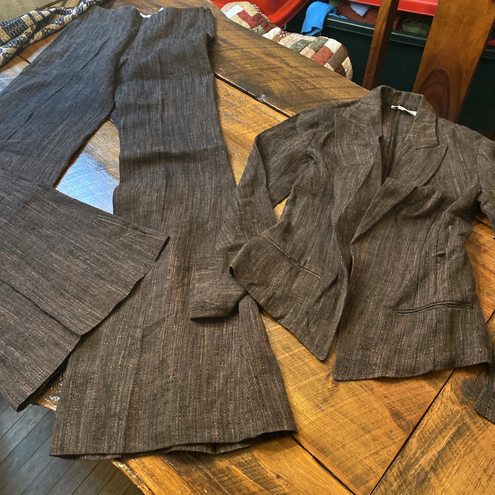 VTG Zara Woman Made in Spain Tweed Pant Wide Leg Blazer Size 4 Brown Flax Linen
