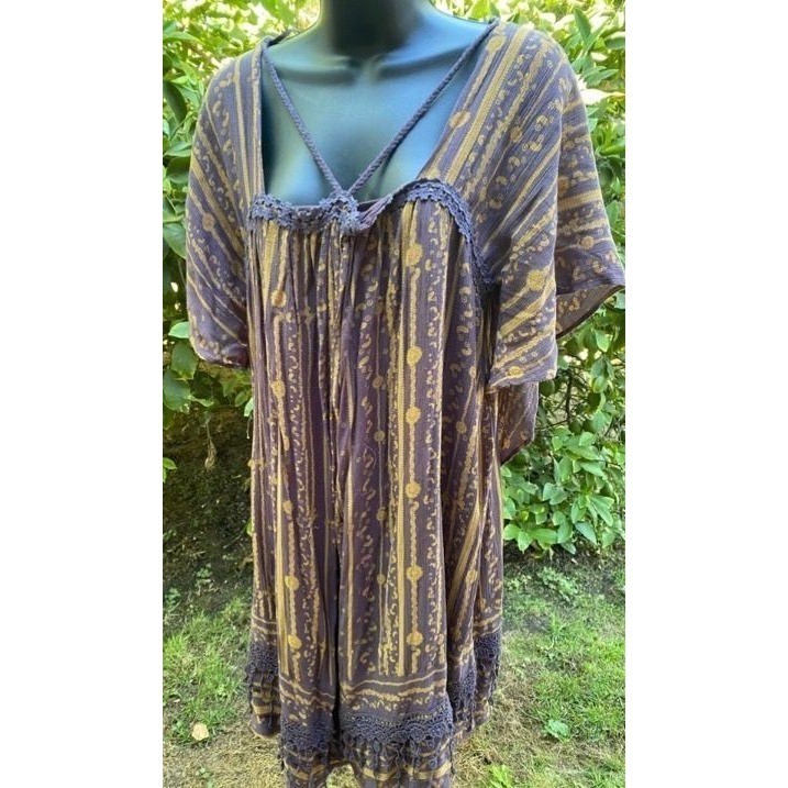 Free People Boho Mini Dress Purple Gold Tassel Crochet Fairy Festival XS PTP:19