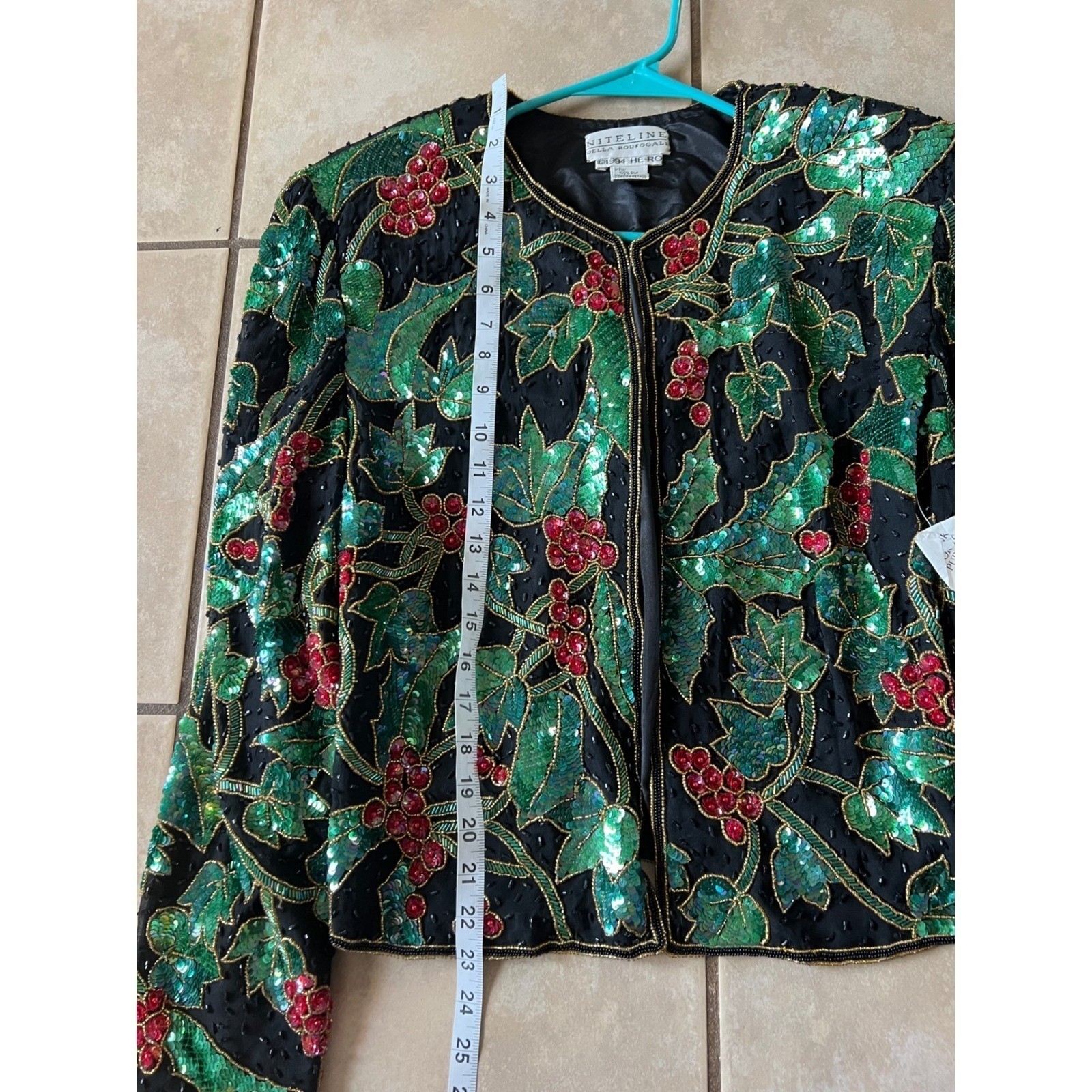 Niteline Della Roufogali Vintage 90s Sequin Holly Berry Silk Jacket NWT Holiday