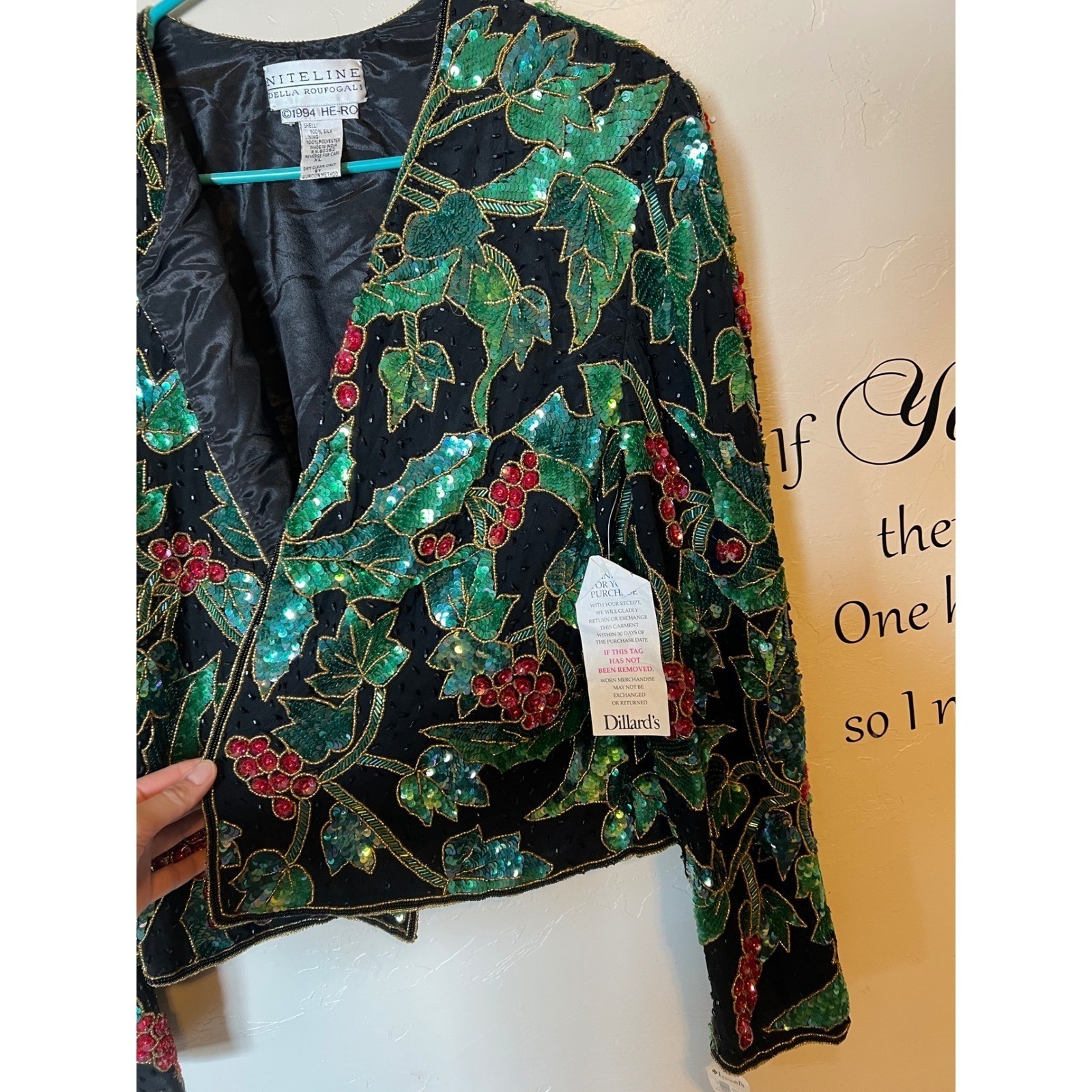 Niteline Della Roufogali Vintage 90s Sequin Holly Berry Silk Jacket NWT Holiday