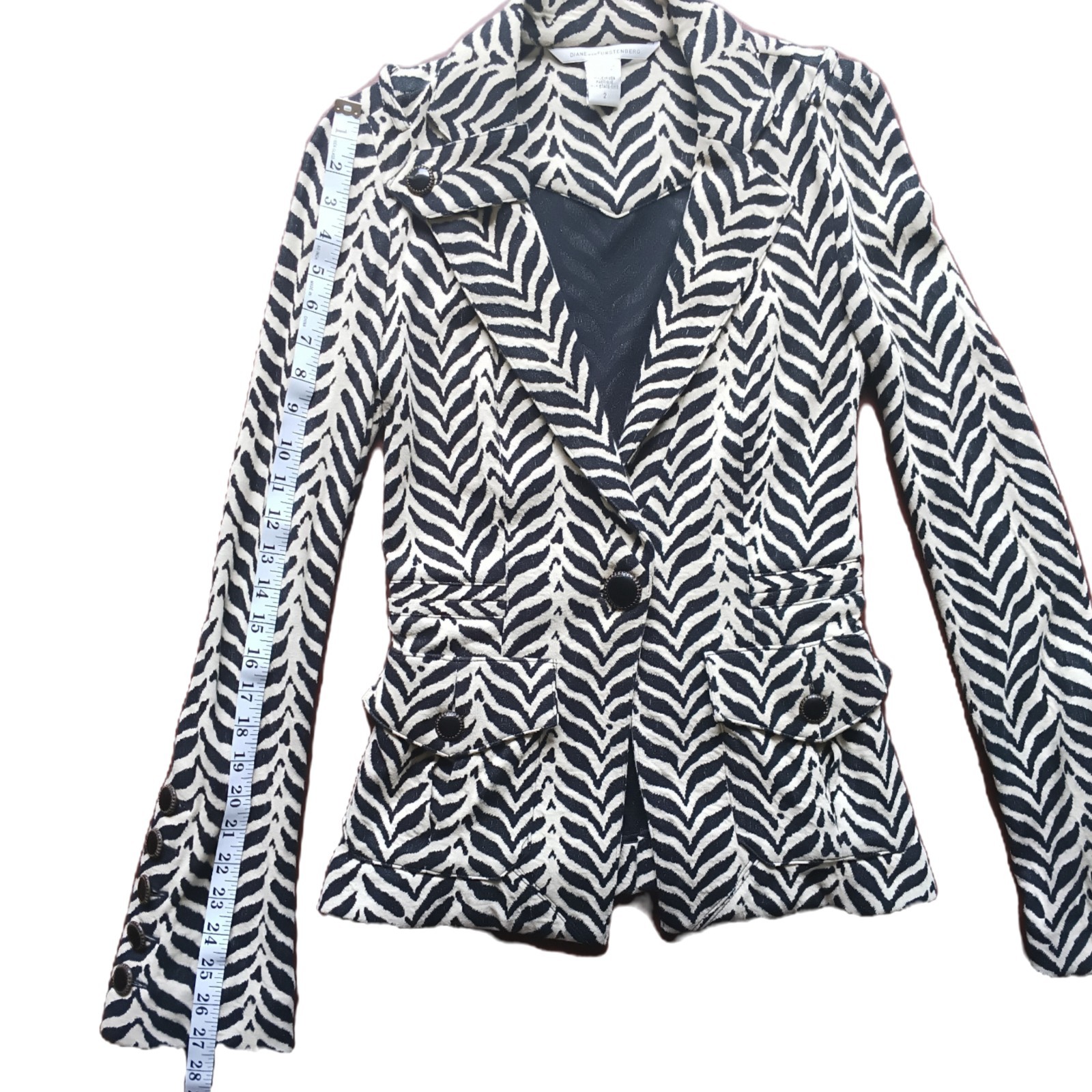 VTG DIANEvonFURSTENBERG ROCKAJILLY Black Brown Cream Zebra/Chevron Blazer W Sz 2