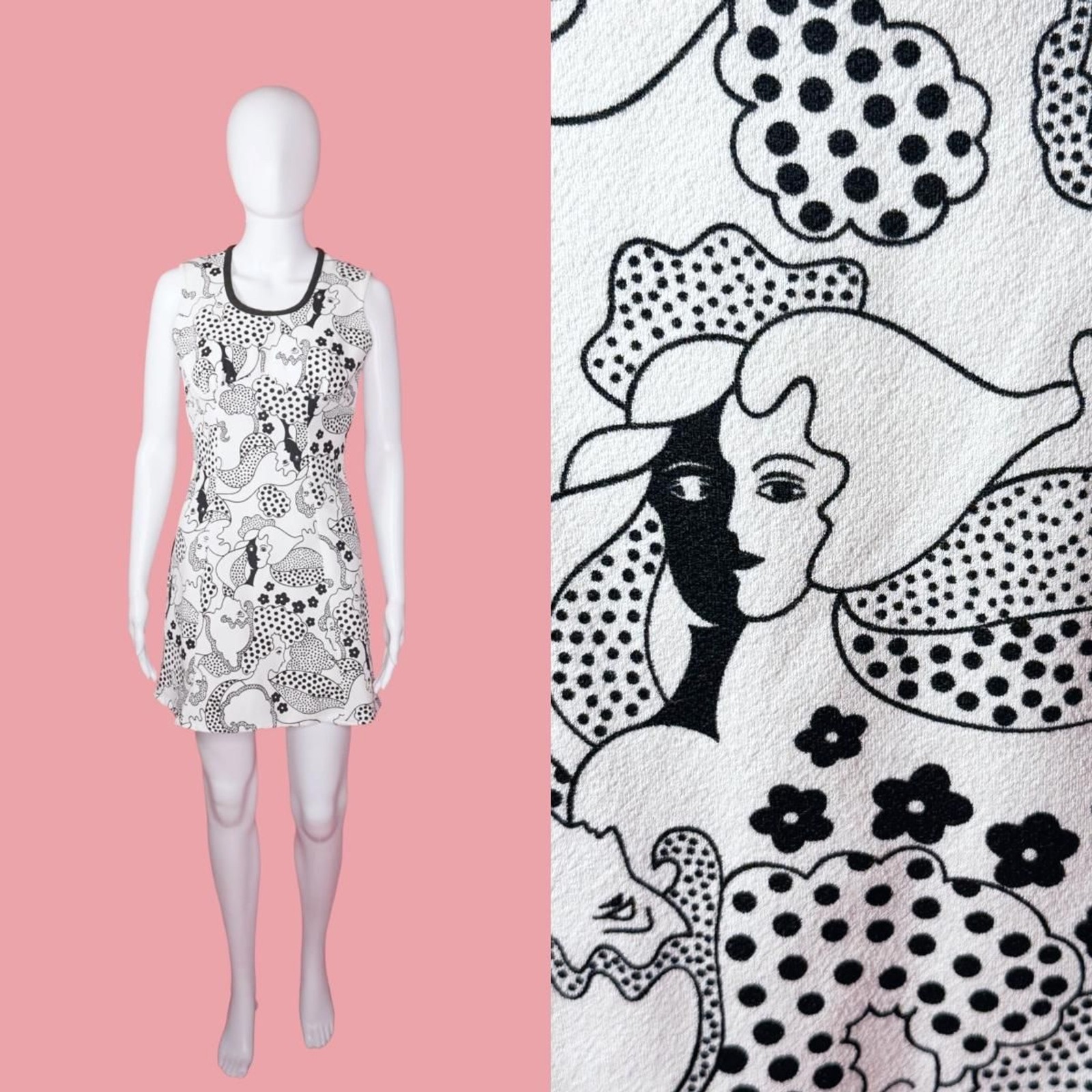 1960s MOD FACE Print SURREALIST OP Art Dot Whimsical Mini Dress. XS-S. AS IS