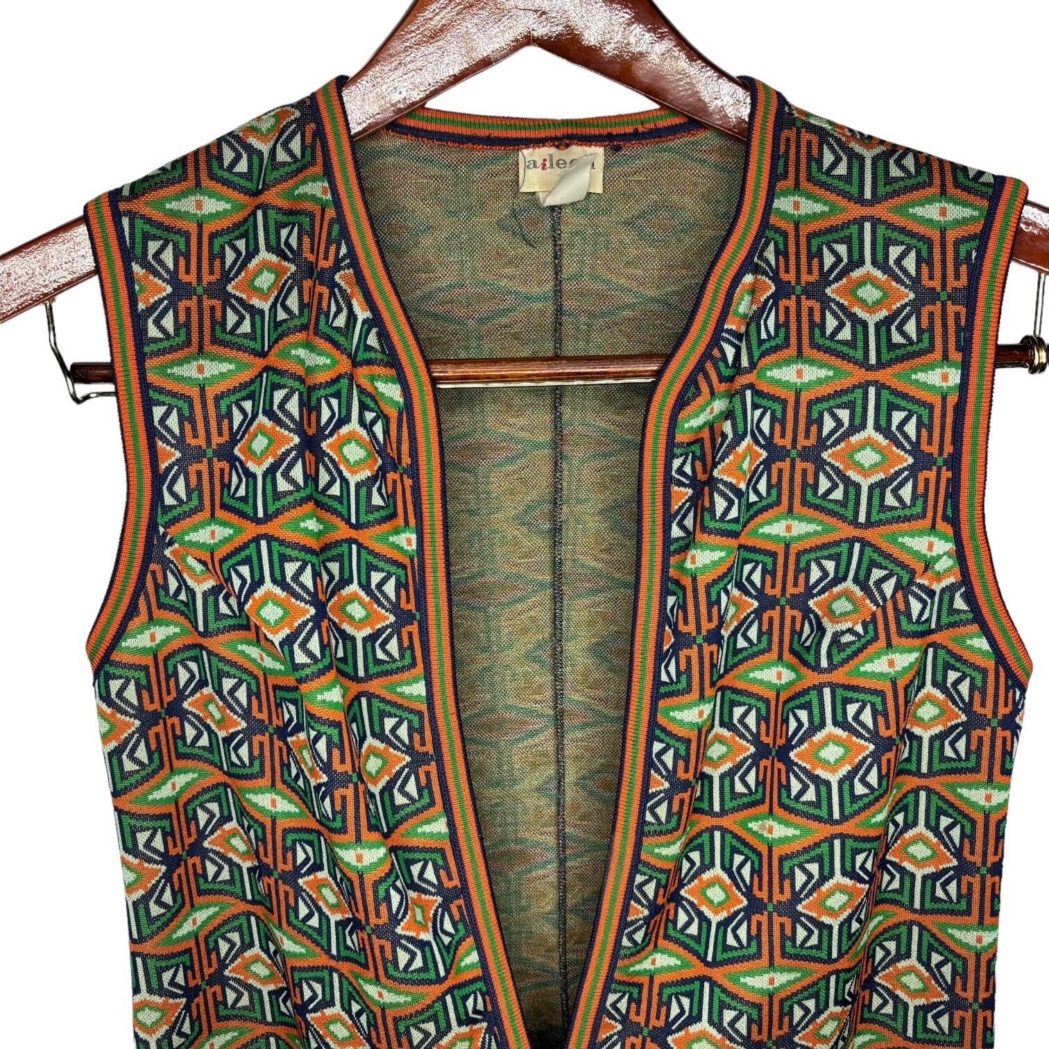 AILEEN Women’s Vest Size 12 Green Orange Blue Funky Pattern Button Front 70s VTG