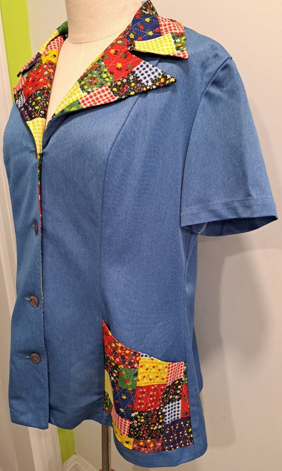 Vintage Rockabilly Waitress Top Patchwork Print Oversized Collar & Pockets LARGE