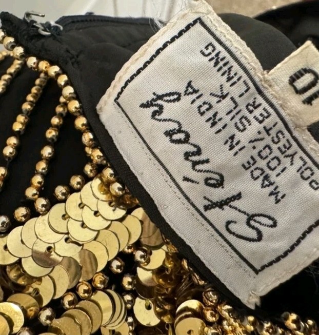 Vintage 80s Stenay Silk Black Gold Sequin Beaded Dress Art Deco Cocktail Size 10