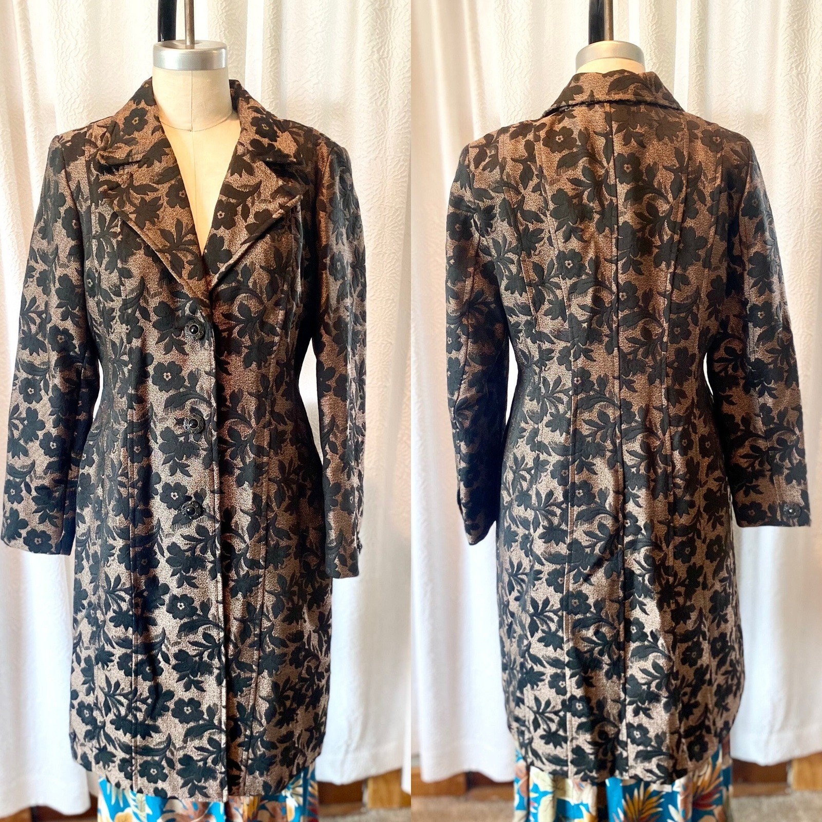 Vintage Brocade Trench Coat, Black Copper Metallic Floral, Size 12