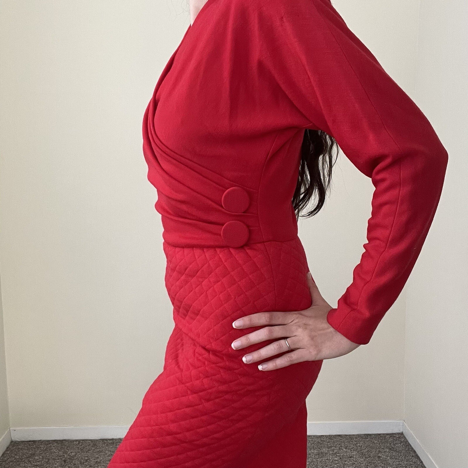 Vintage Red Sweater Dress Holiday Christmas Solid sz 4/6 Nipon 1980s Batwing