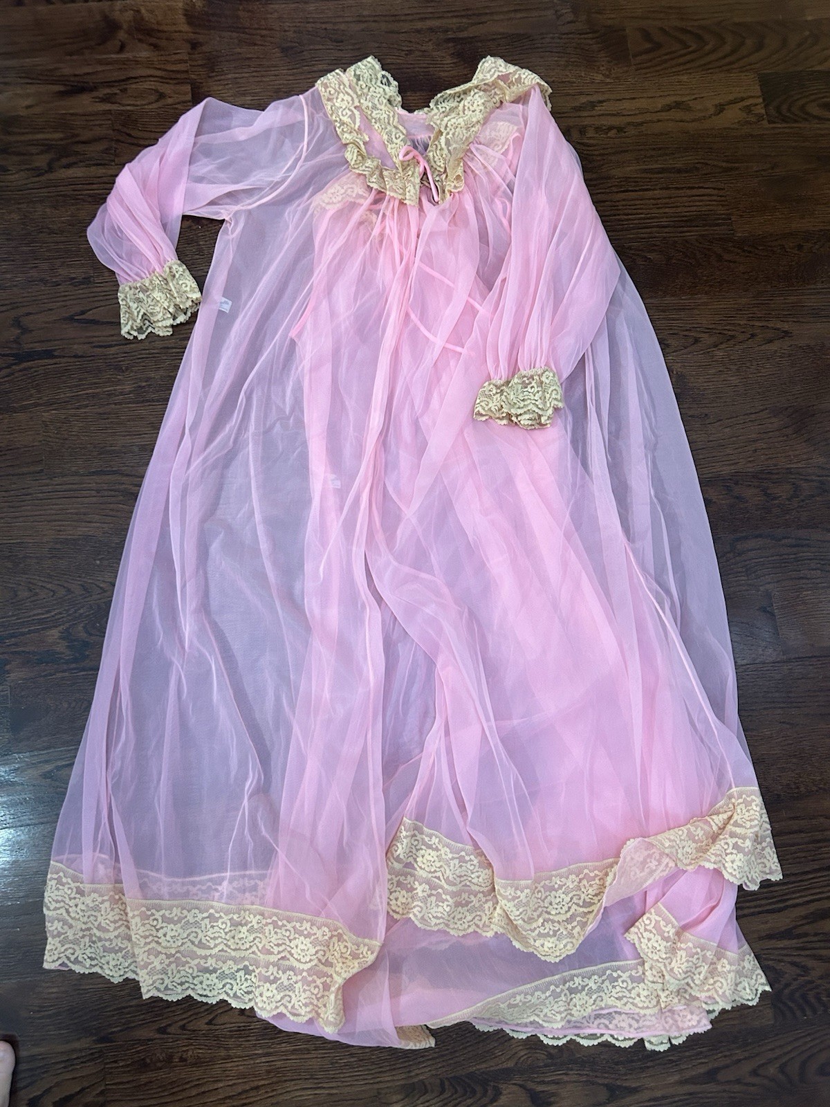 Vintage Jenelle Of California Peignoir Chiffon Nightgown Robe Set Bright Pink