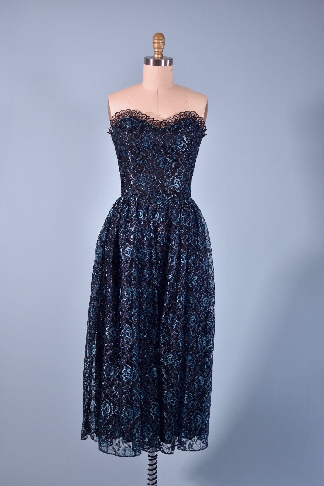 Oldstock Vintage Black and Blue Metallic Lace Sweetheart Gown