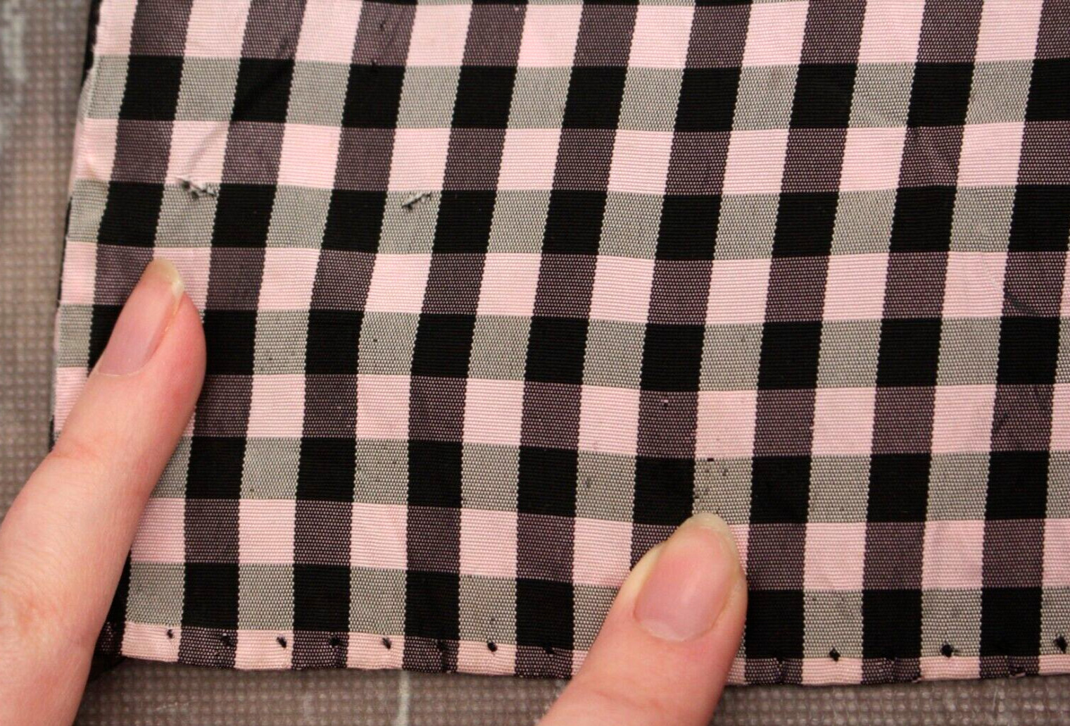 Vtg Womens 40s Black & Pink Checked Gown W/ Velvet Trim XS/S 1940s Taffeta Dress