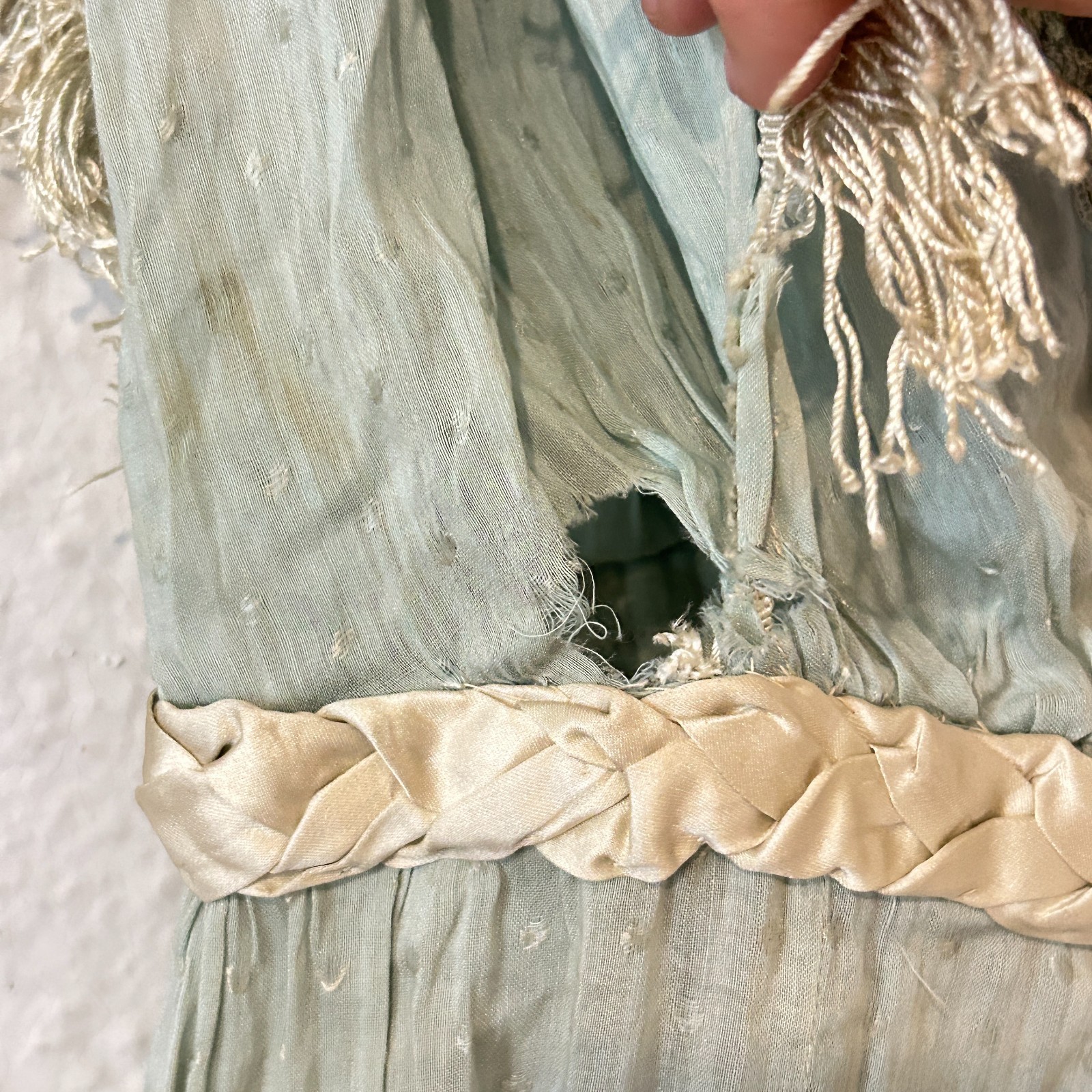 READ AS IS Antique Edwardian Blue Dress Fringe Trim Embroidered Study Fragile