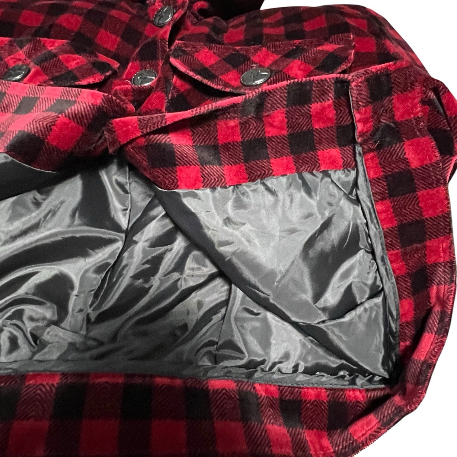Vtg Bushwacker Cropped Velour Jacket Womens S Red Black Check Plaid USA Made