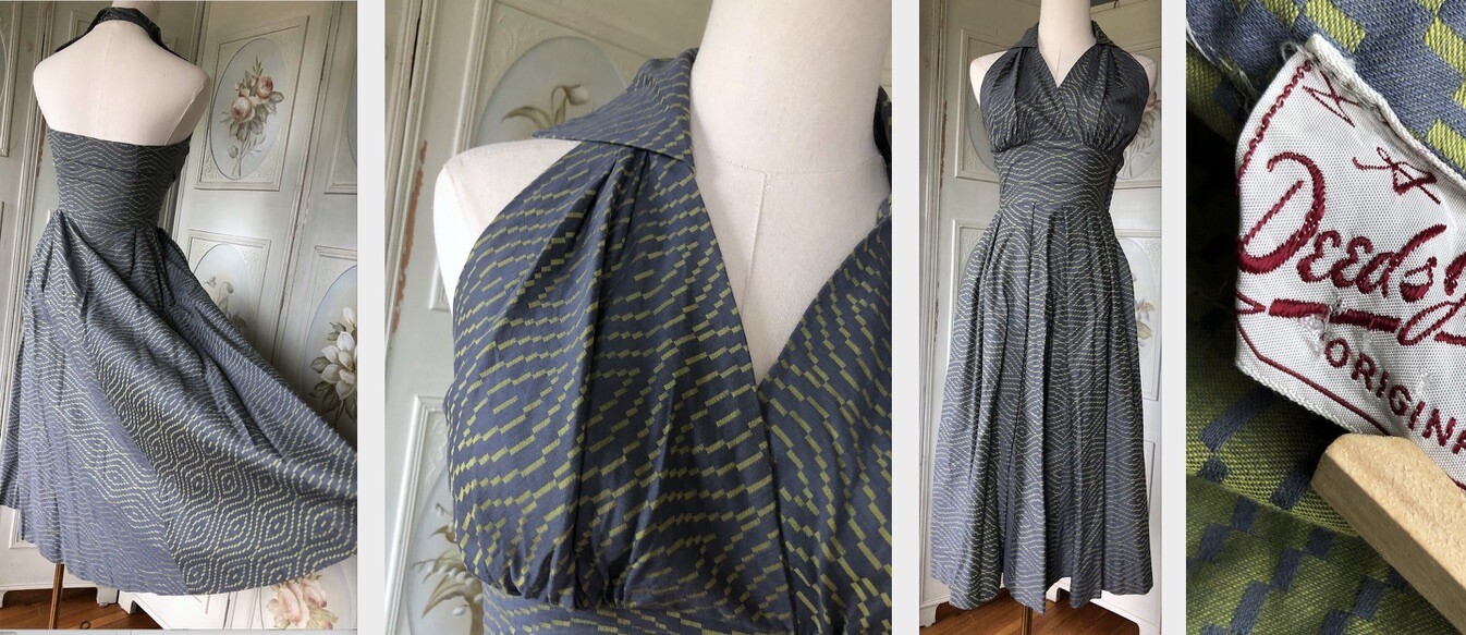 VTG 40s DEEDS JUNIOR HALTER DRESS COTTON SLATE BLUE LIME GREEN FULL SKIRT EUC XS