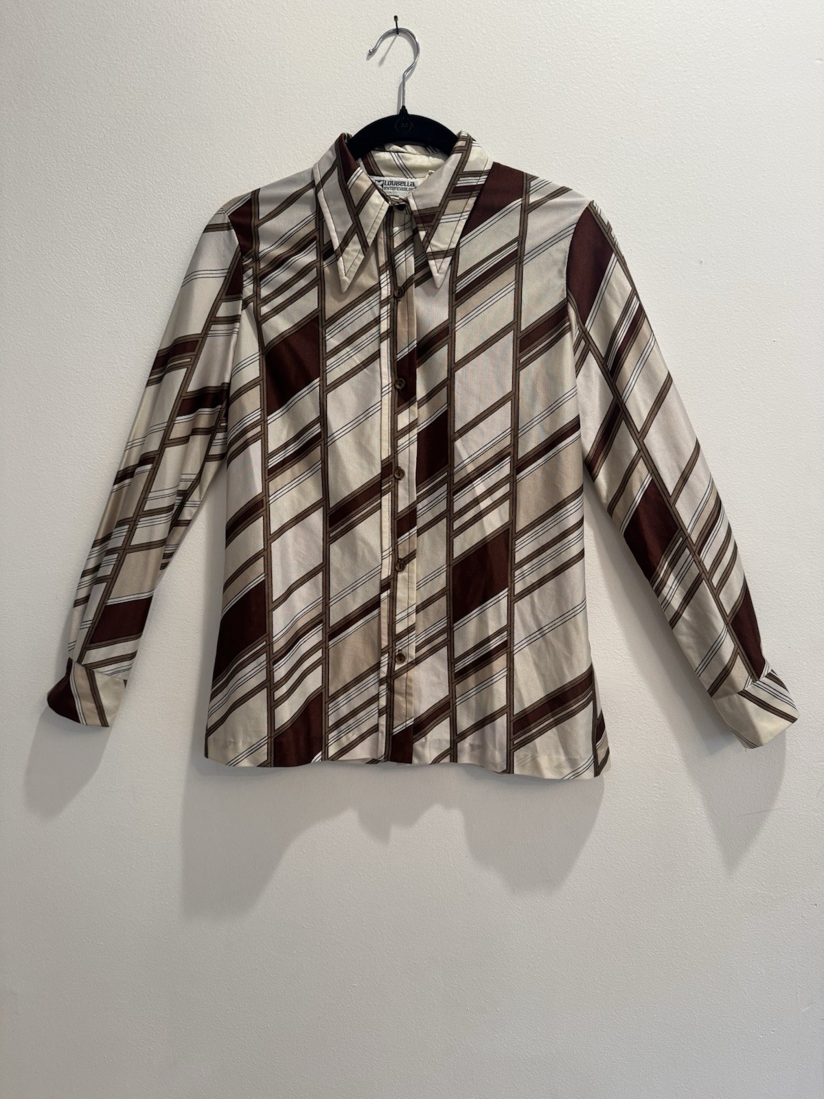 VTG 1970s Geometric Print Spearcollar Button Front Blouse In Cream + Brown MCM