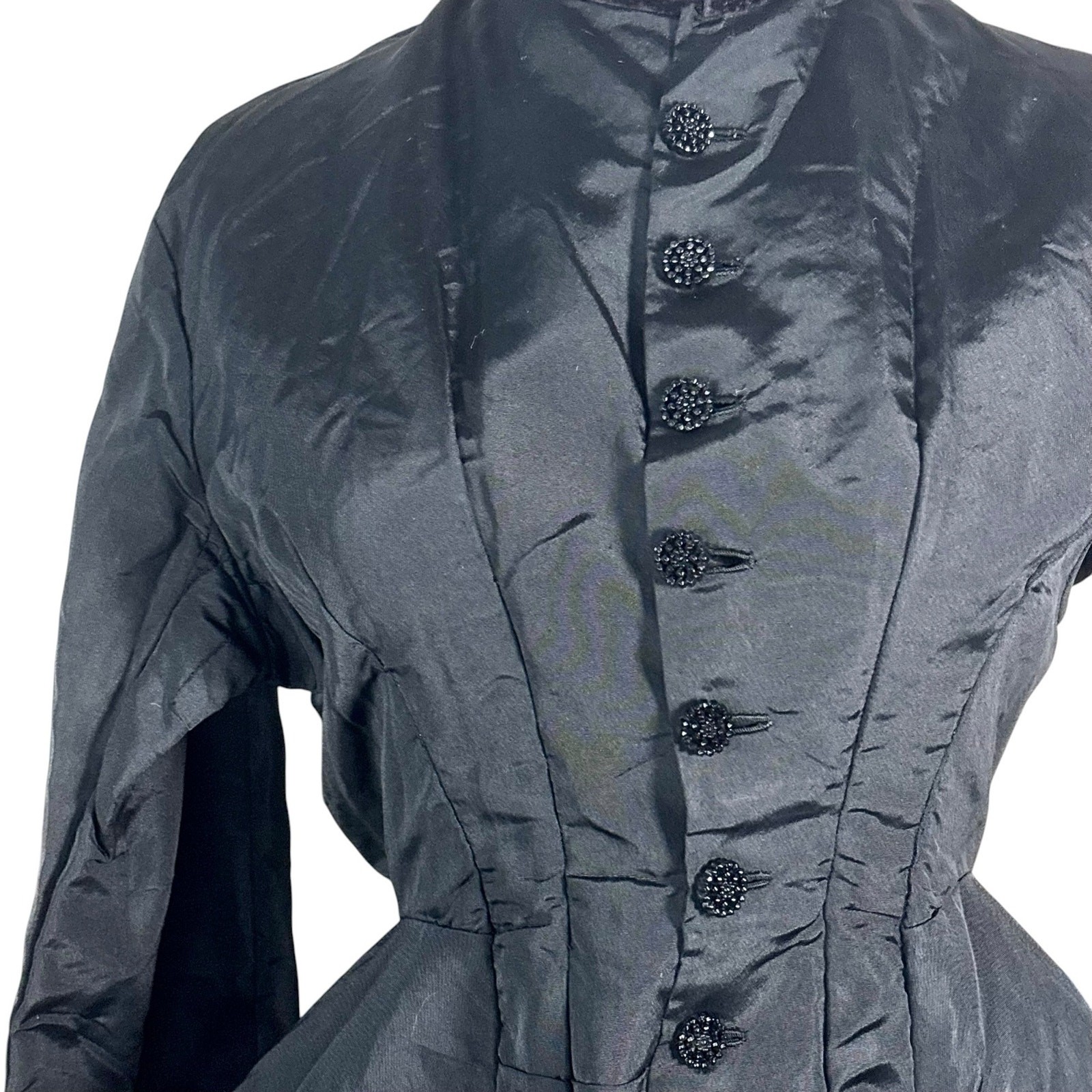 Antique 1890s Victorian Black Silk Mourning Coat Jet Beaded Tailcoat Jacket