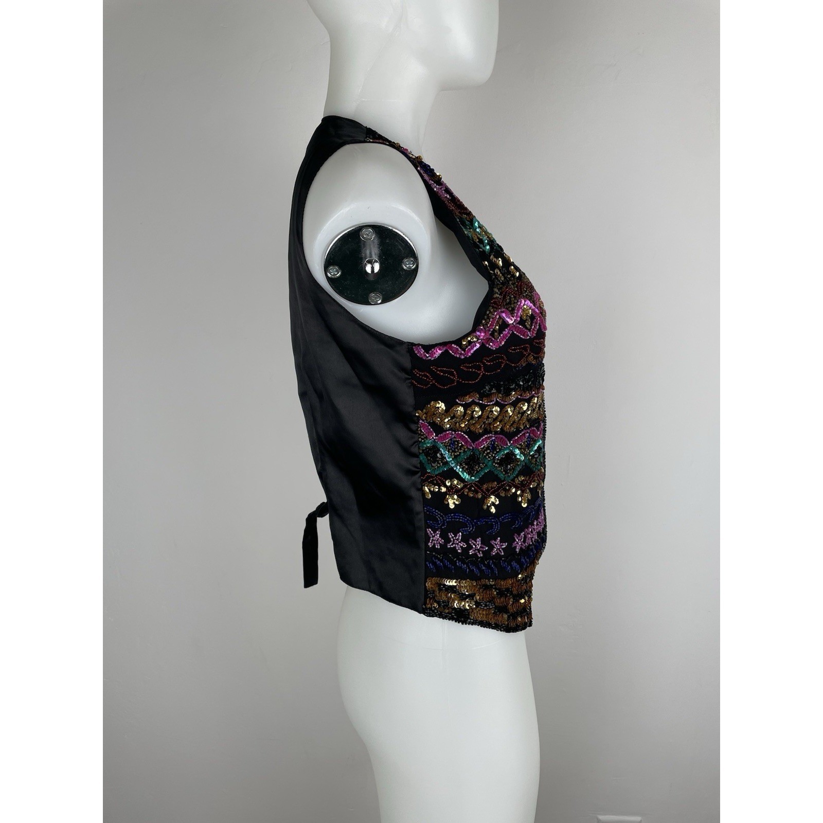 VTG 90s Niteline By Della Roufogali Sequin Beaded Multi Colored SILK Vest SZ M