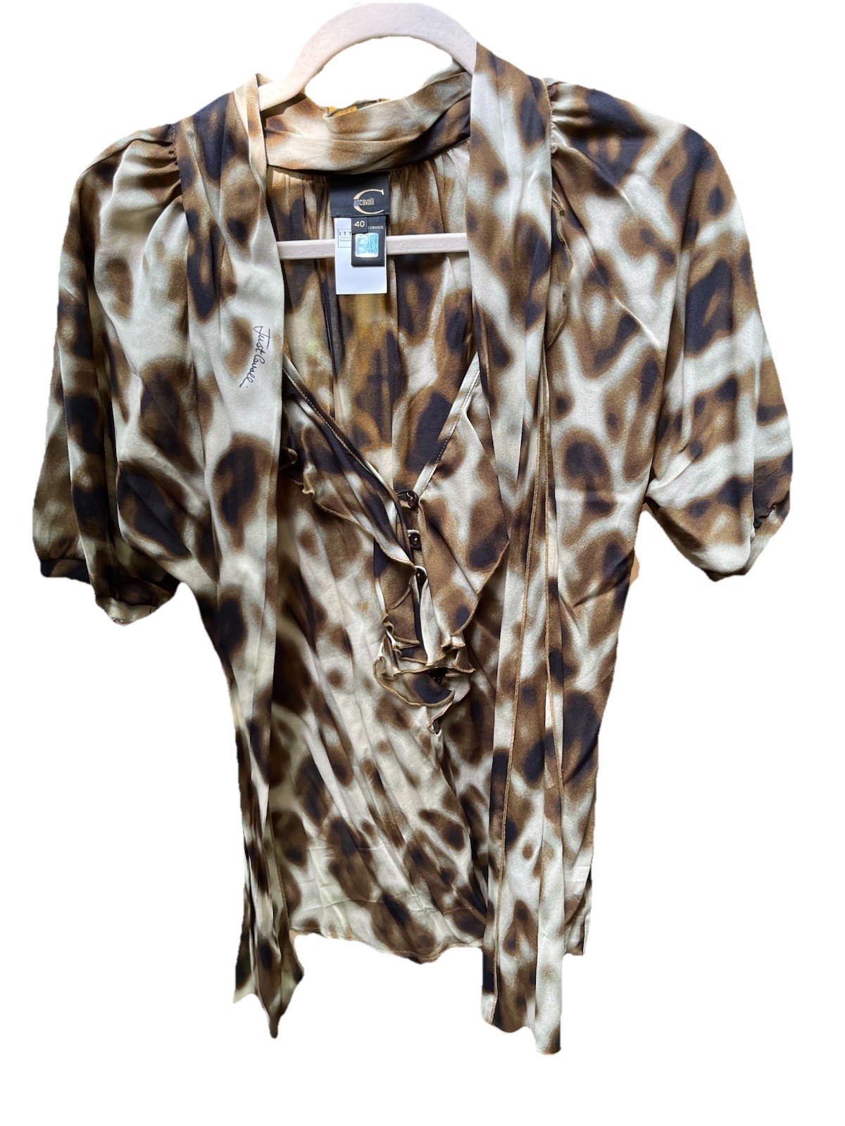 JUST CAVALLI VINTAGE Camouflage Top Short Sleeve Tie Ruffle Buttons Italy 42