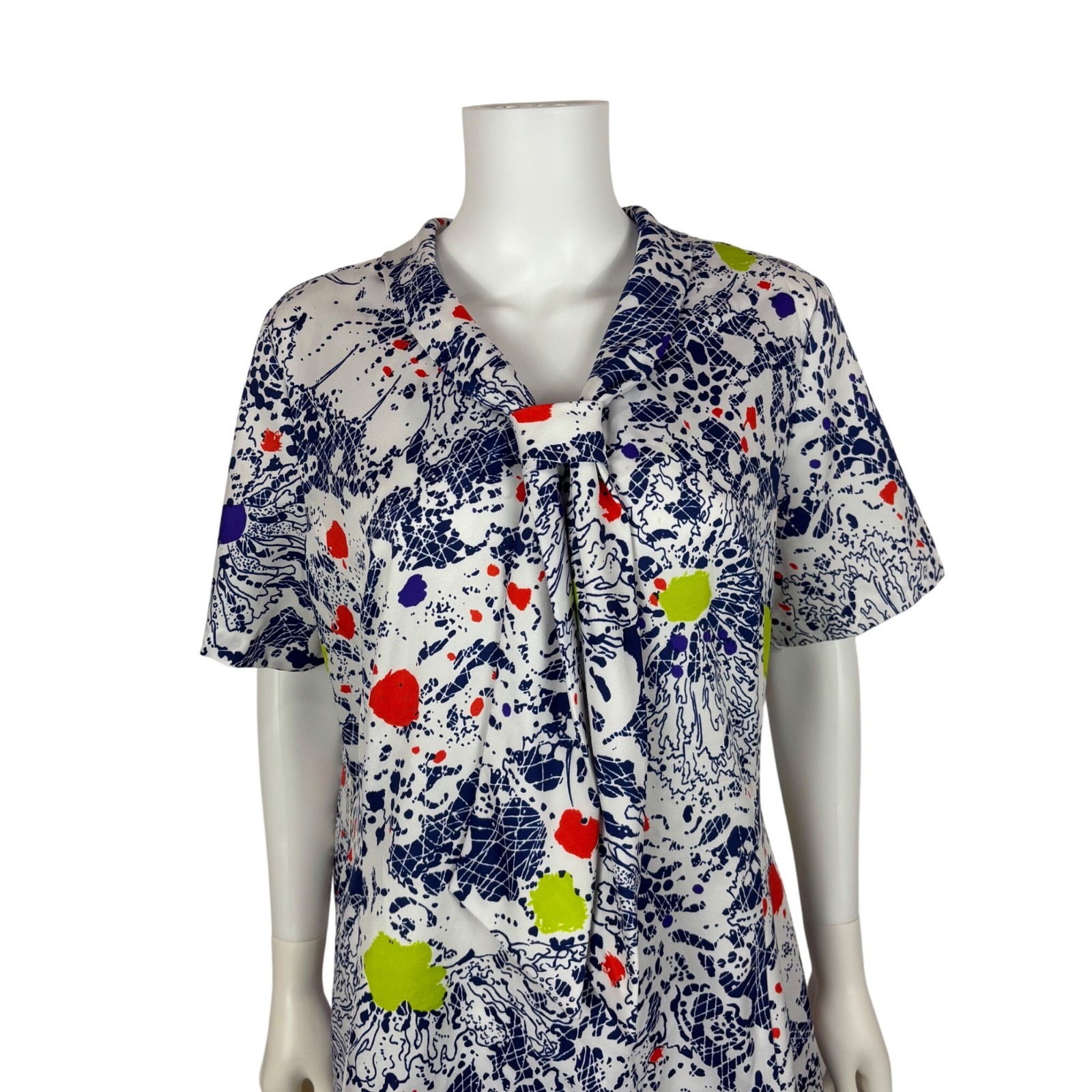 Vintage 70s Colorful Dress Womens XL Artsy Splatter Print Necktie Shift