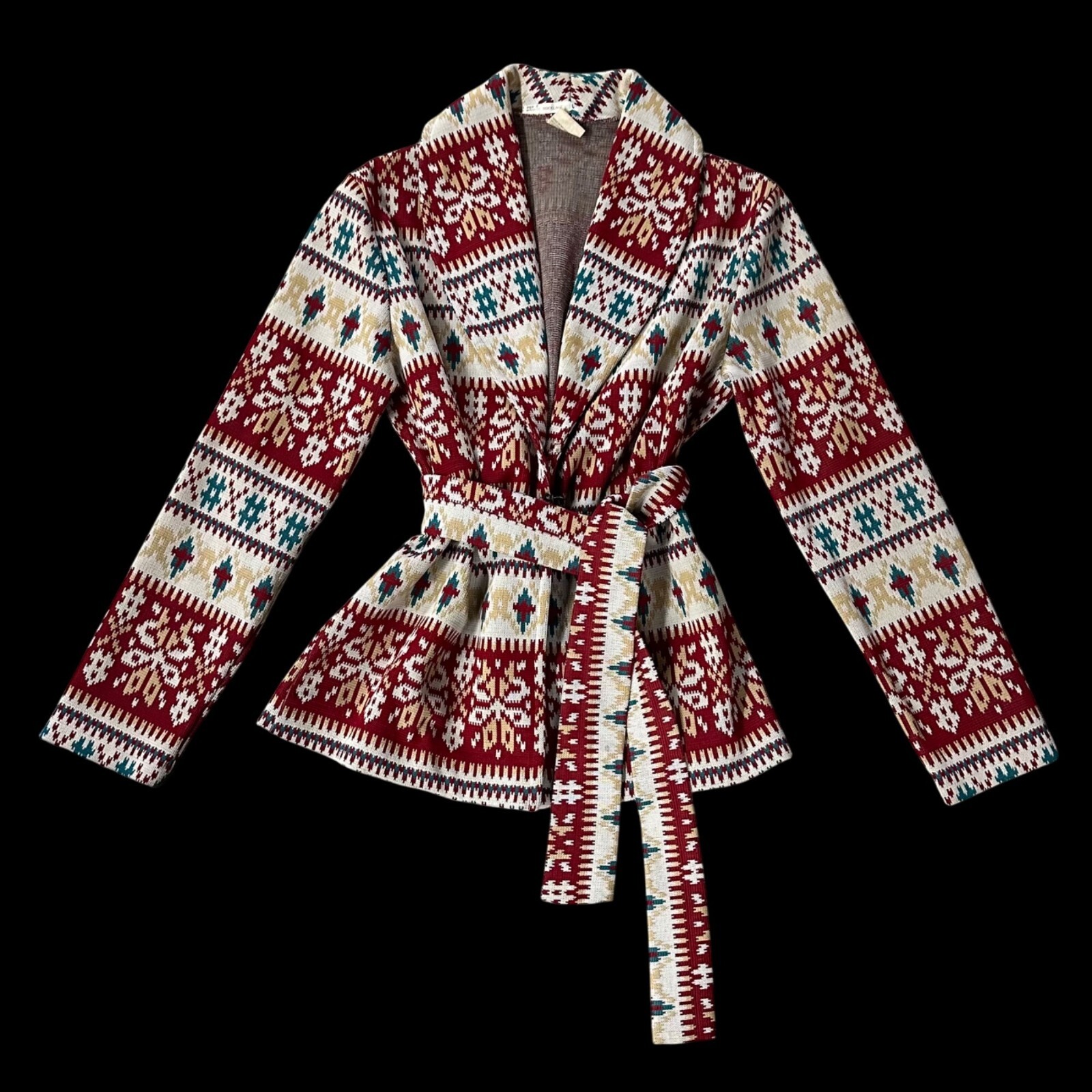 Vintage Cardigan Jacket 1970s Jane Colby USA Aztec Belted Maroon Teal Medium