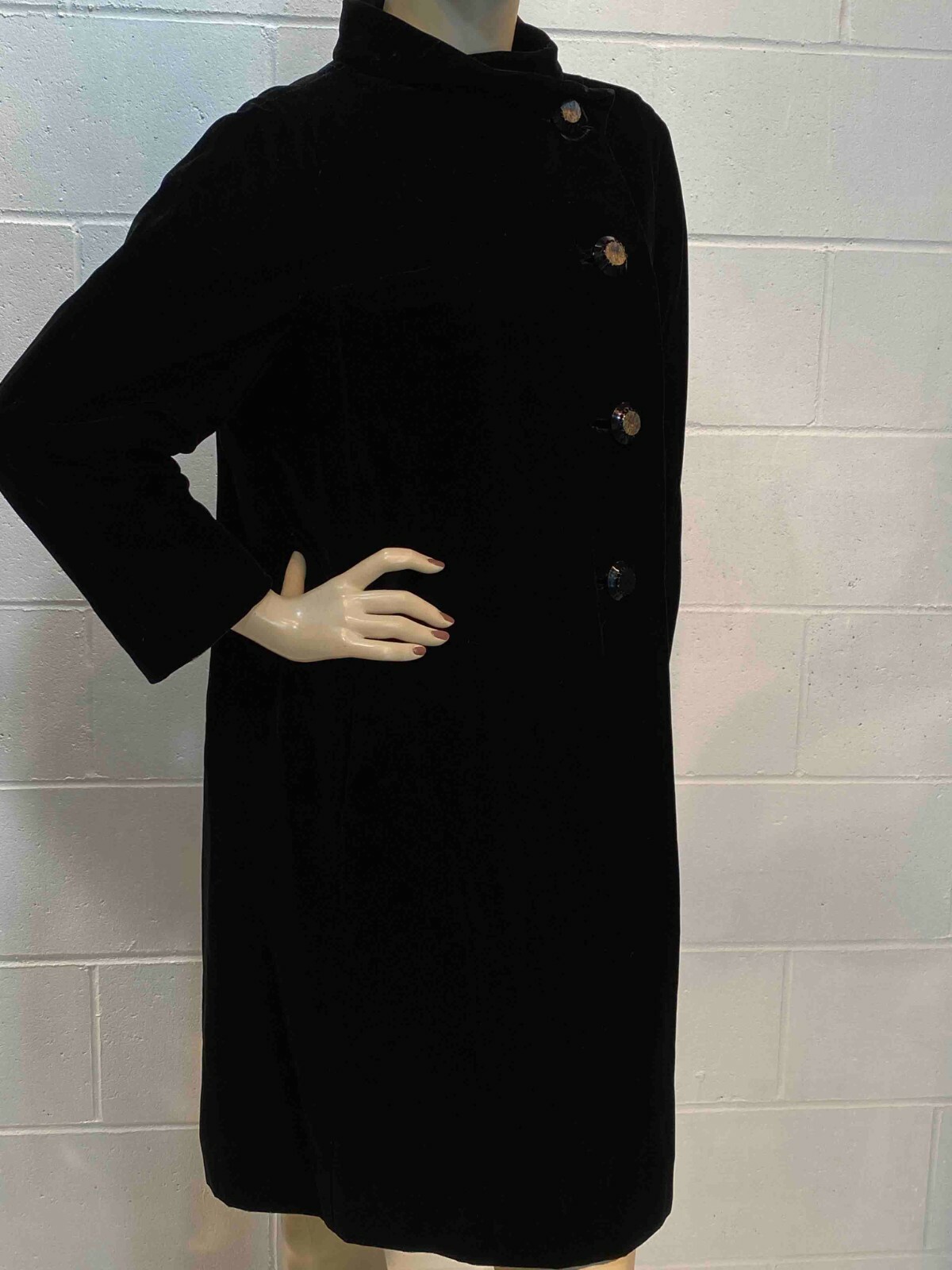 S~M Vtg 60s VELVET Dress COAT Black Elegant Asymmetrical USA Rhinestones GLAM