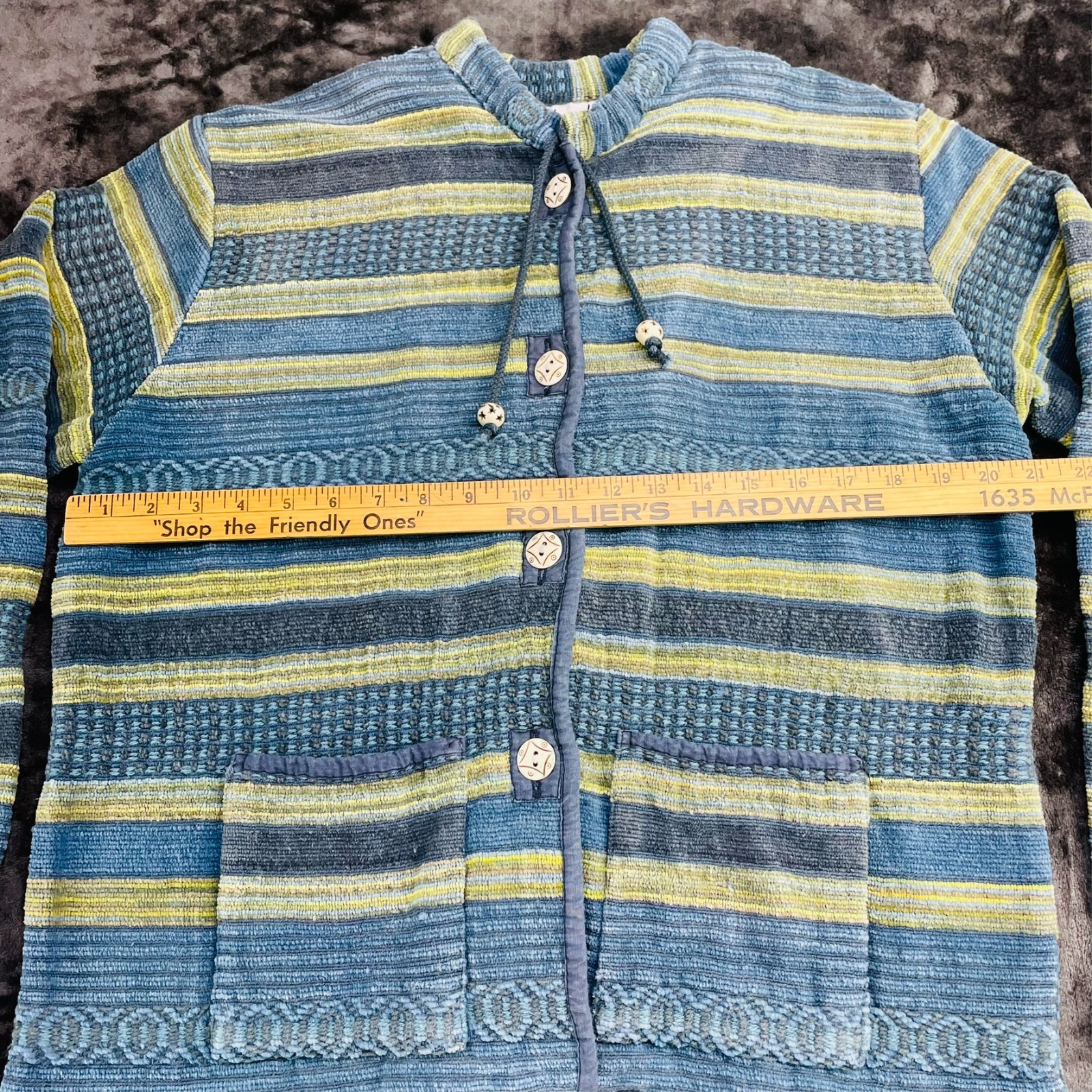 VTG 90s Flashback Woven Cotton Jacket Blue Yellow Striped Boho Button Cardigan