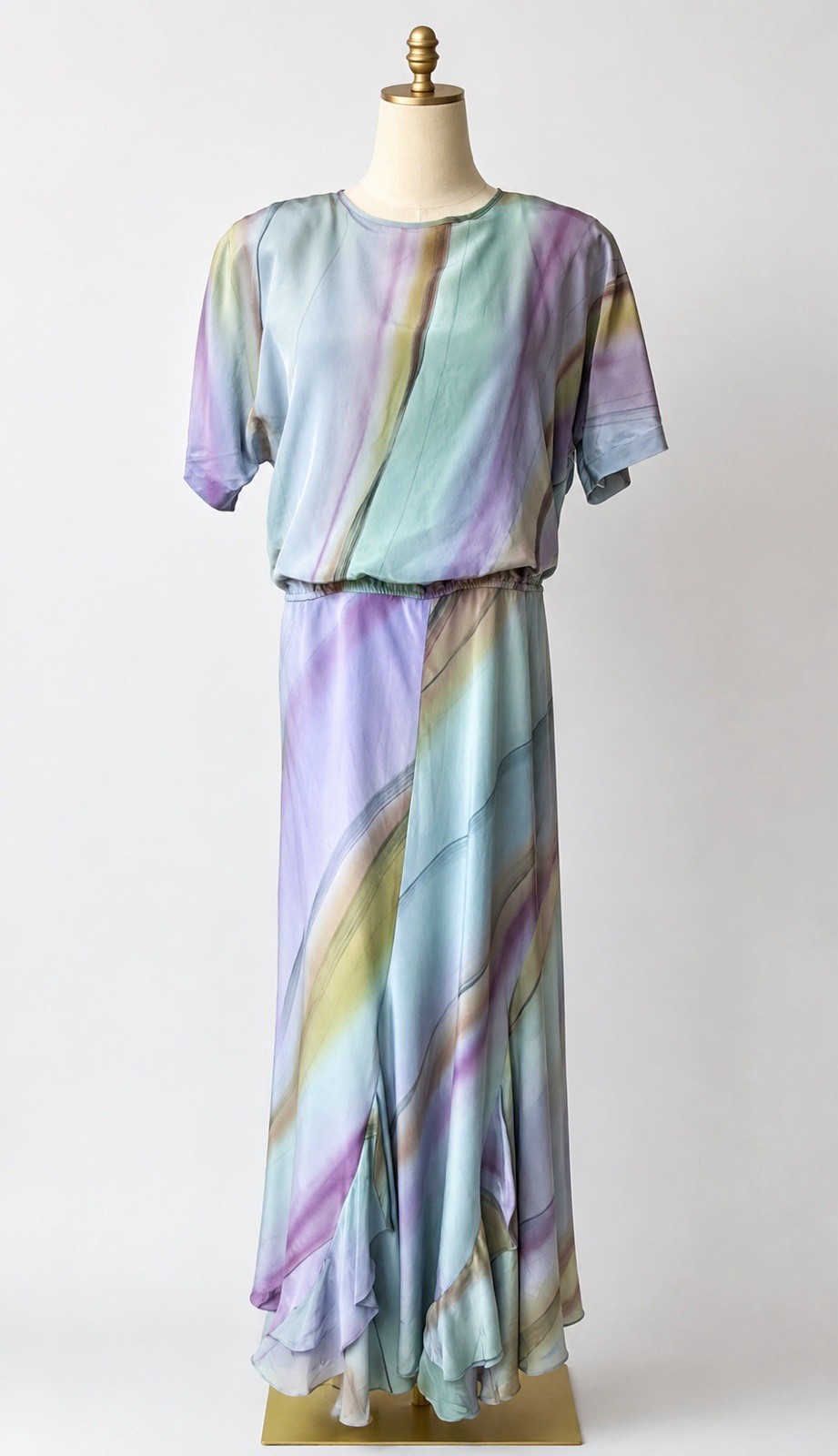 Vintage Yolanda Lorente Hand Painted 100% Silk Maxi Dress Pastel Watercolor S
