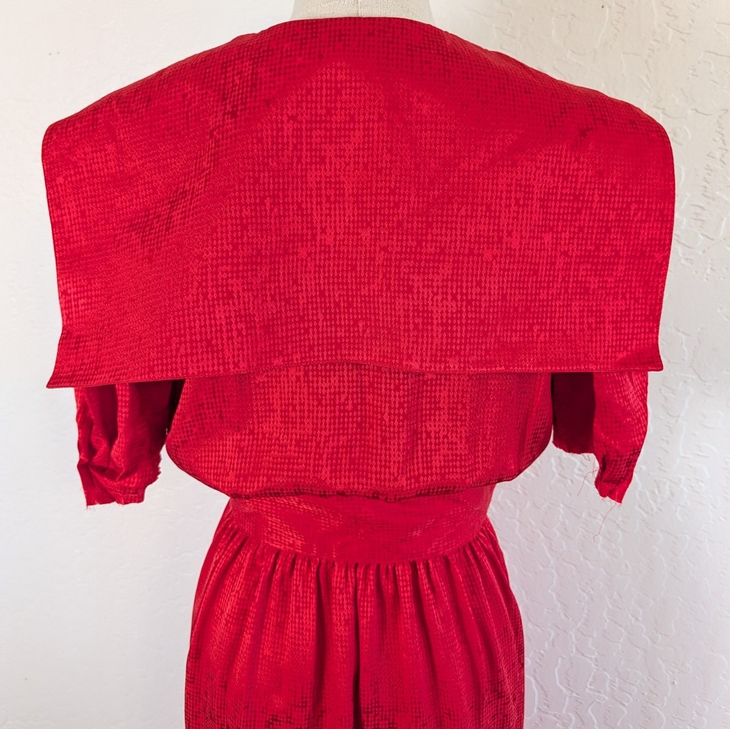 Vintage 80s Red Silk Dress Wrap Bodice Puff Sleeve Midi Cummerbund Waist