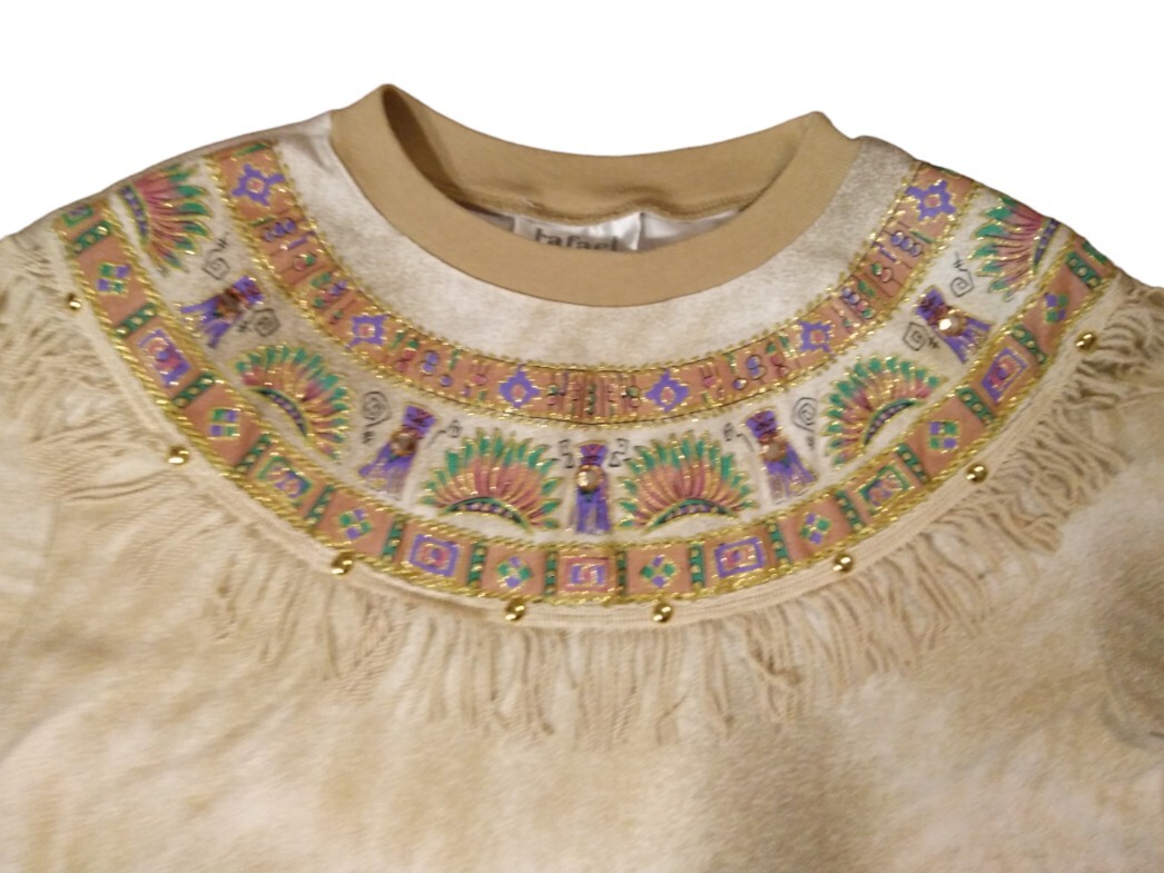 Vintage 80s Tan & White Fringe T-Shirt with Shoulder Pads Size Medium