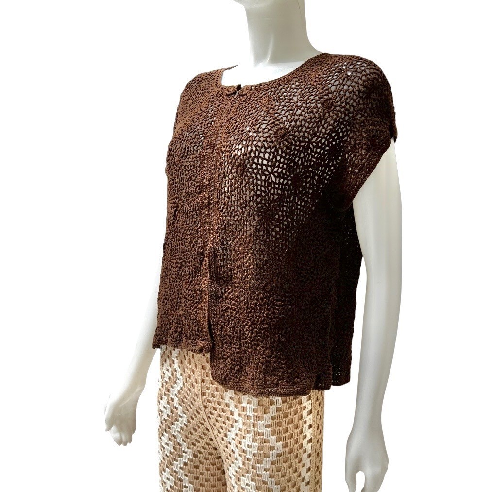 Y2K Jones NY Open Crochet Top Brown XL Mercerized Cotton Boho GrandmacoreVTG