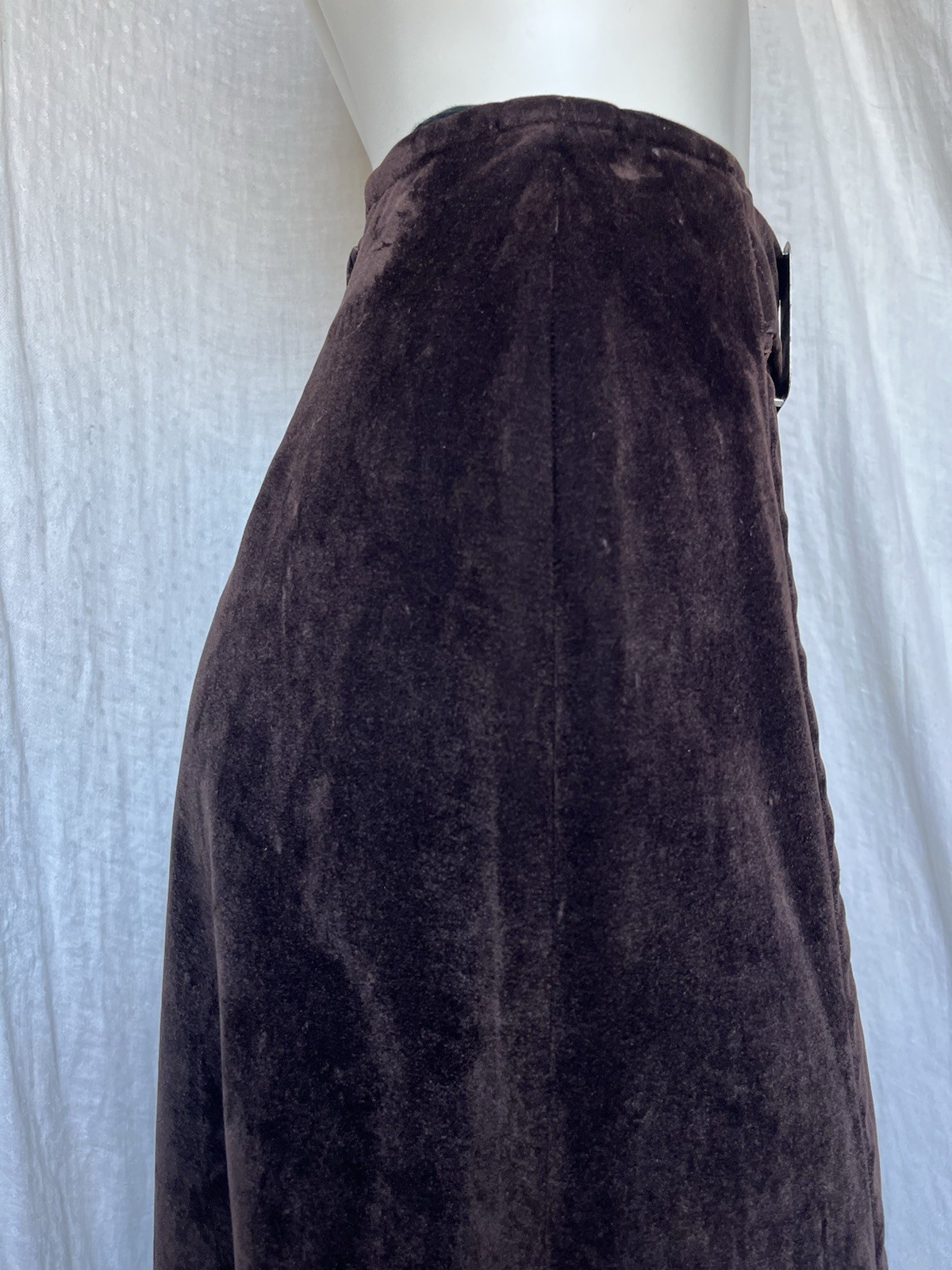 Vintage 1970s Maxi Skirt Brown Velveteen Metal Buckle Boho Hippie Grunge 70s XS
