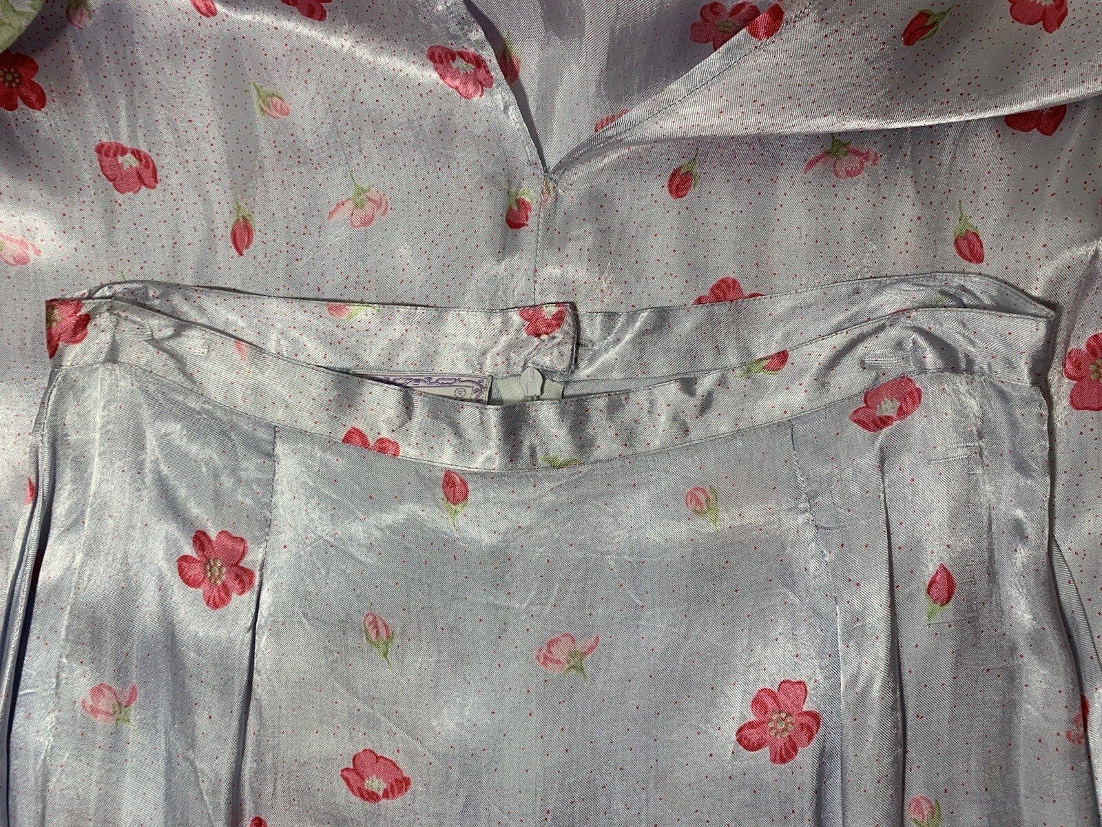 April Cornell Top And Skirt Set Blue And Pink Satin Flowers Size L NWT