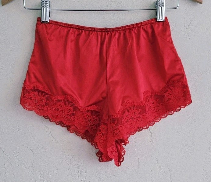 Vitg 80s Esteem Nylon Satin Lace Trim Red Cheeky Tap Shorts Womens Small 5 USA