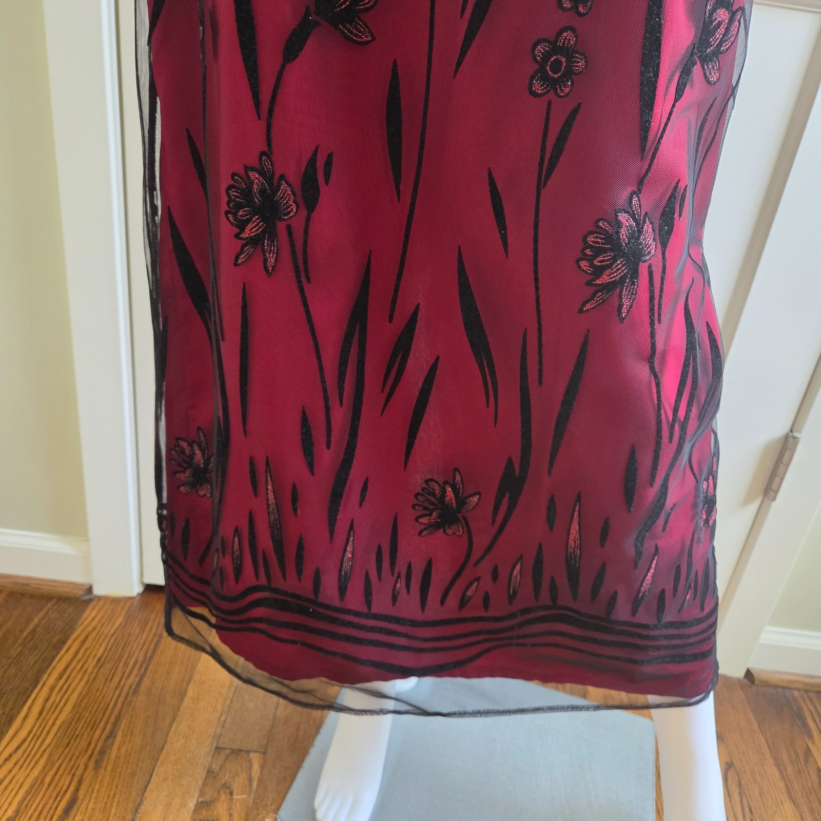 Vintage 90s Virgo II Burgundy Black Floral Mesh Maxi Dress Size 8 USA