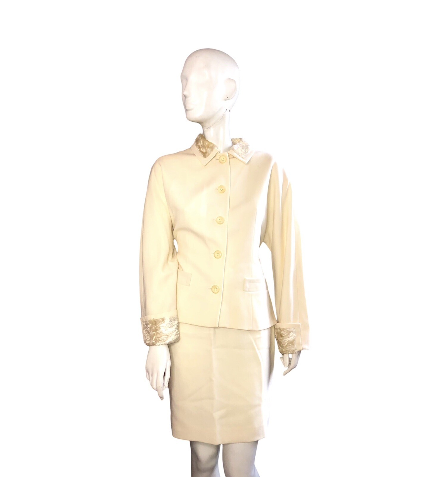 90s Do 40s Vintage Byblos Skirt Suit Cream Beige Faux Fur Trim Sz8