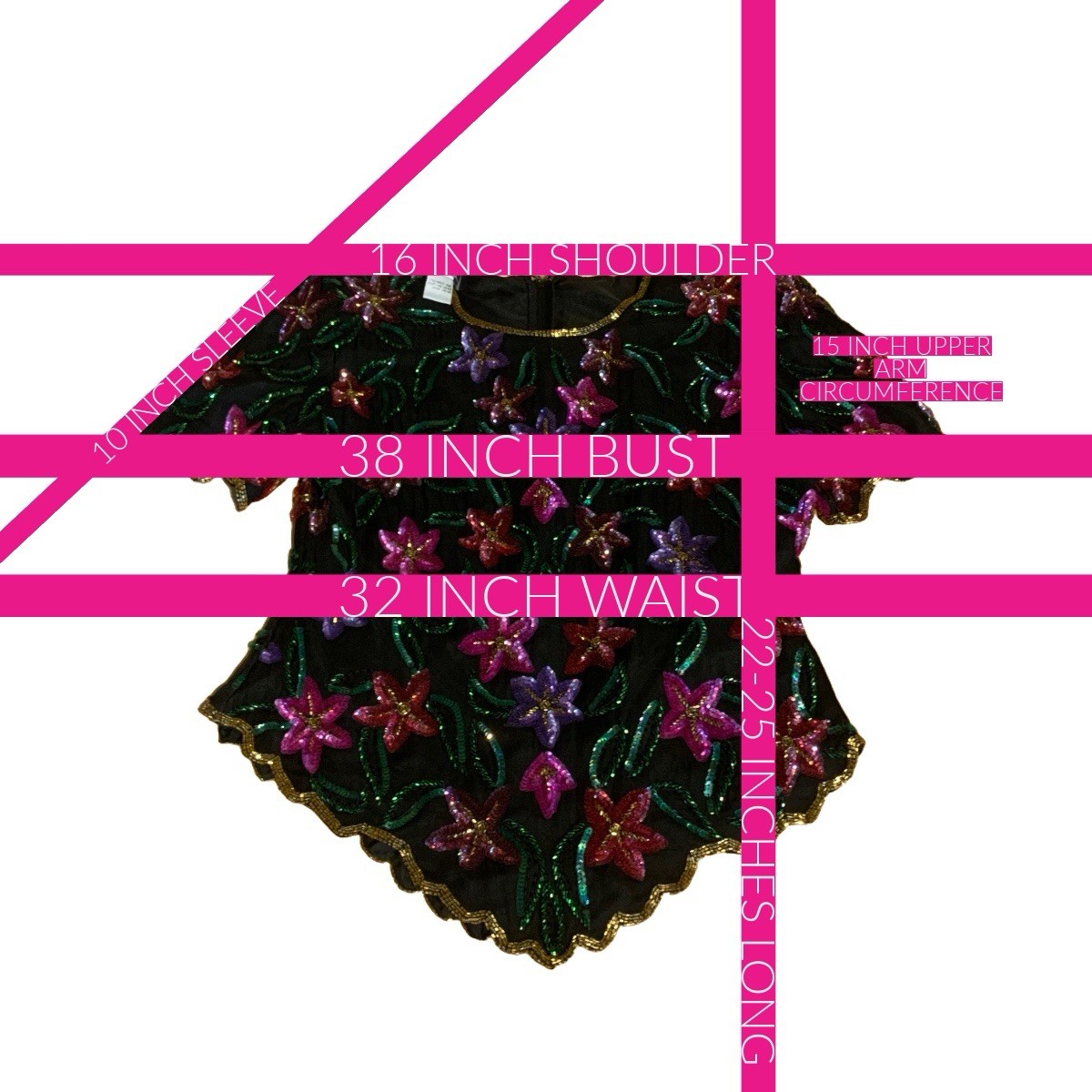 VINTAGE CIRCA 1980’S LAURENCE KAZAR MULTI COLOR FLORAL & BLACK SEQUIN TOP SZ LG