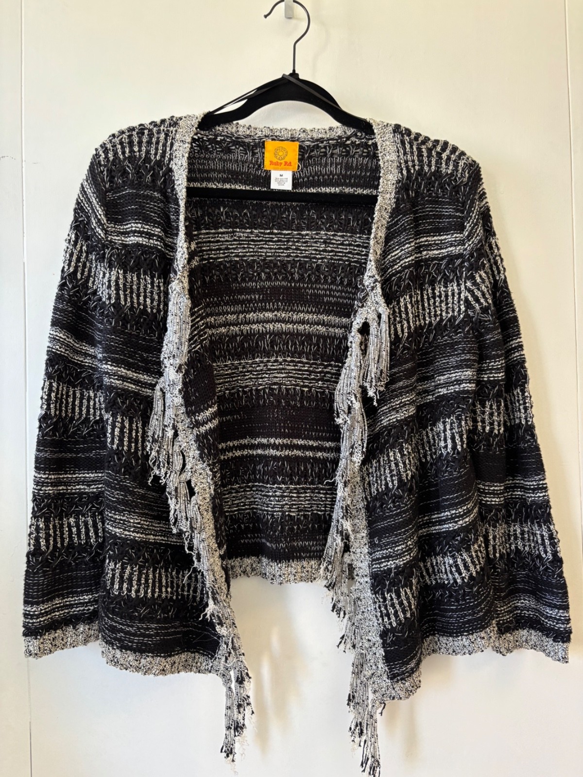 Ruby Rd. Cardigan Jacket Open Front Black White Gold Accents Size M