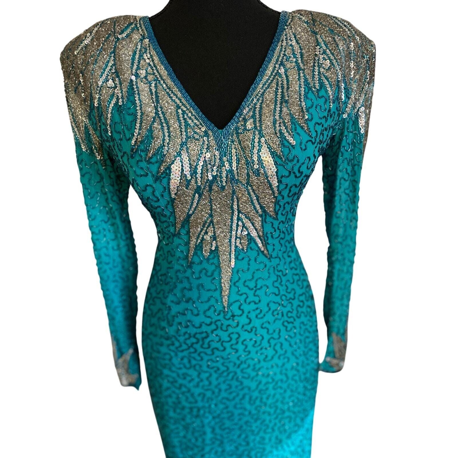 Vintage 80s Naeem Khan Riazee Nights Beaded sequined Teal 100% Silk Gown size 6
