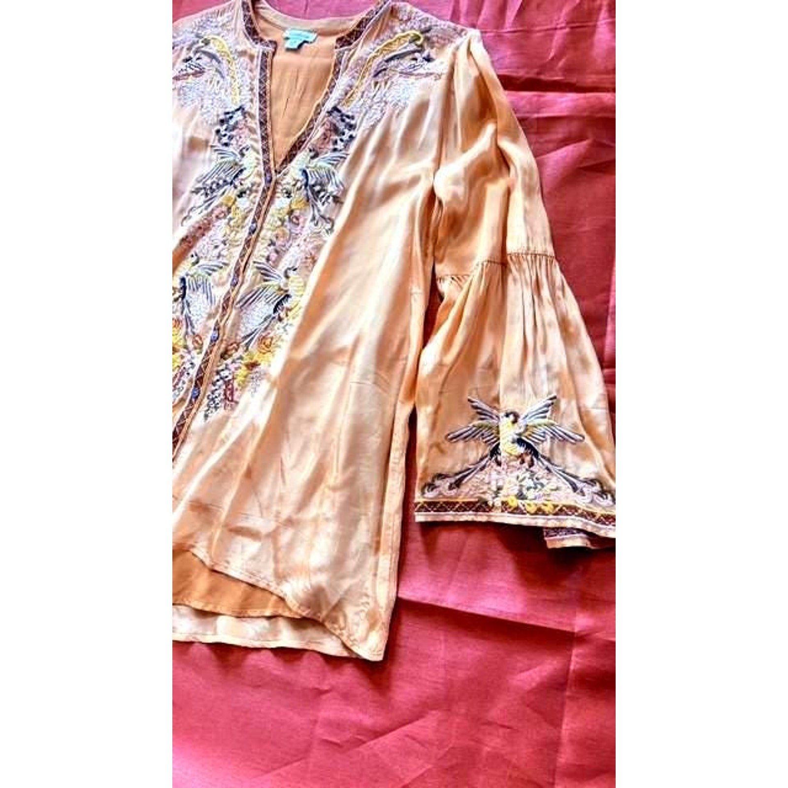 Sundance Embroidered Satin Blouse Medium Gold Champagne Floral Bell Sleeve Boho
