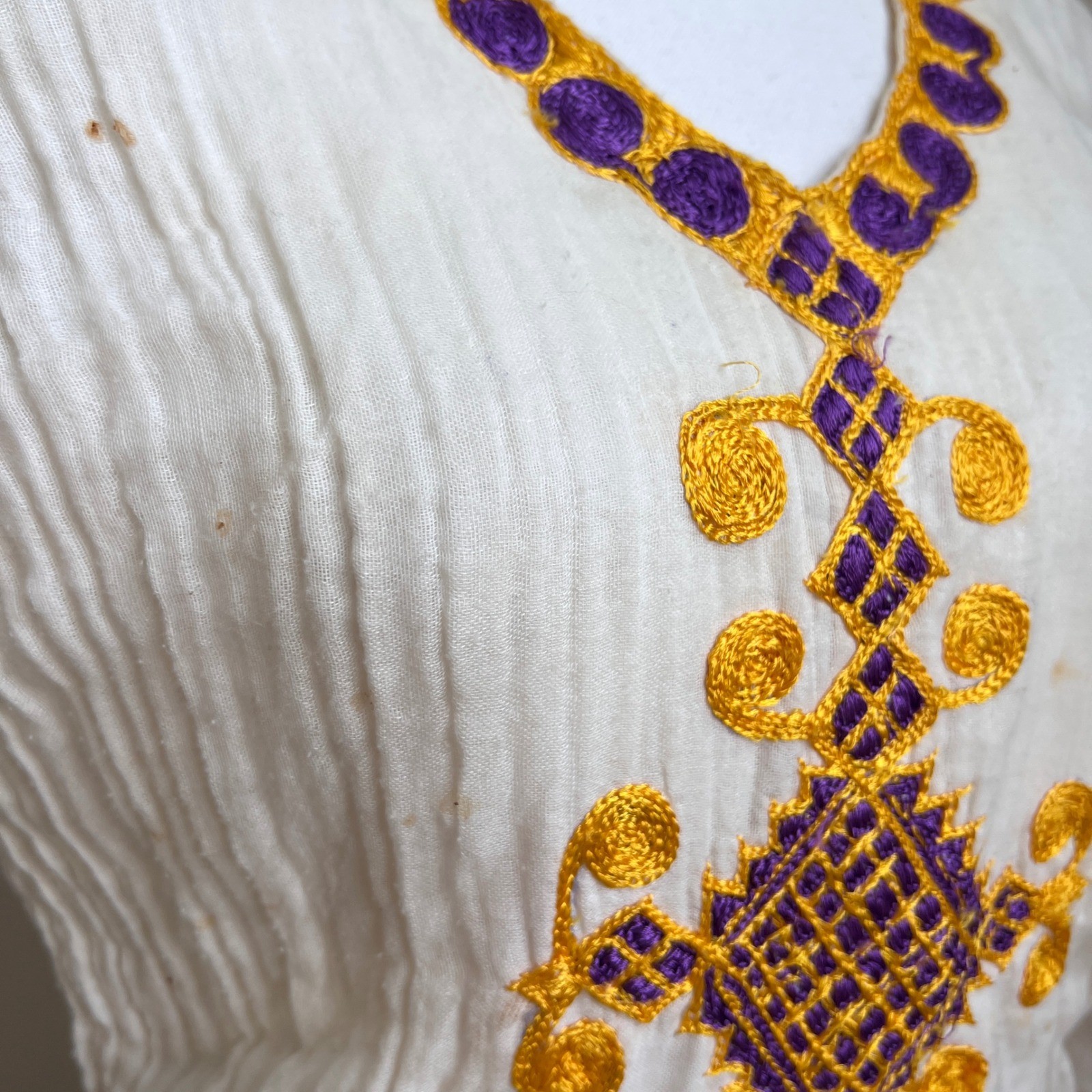 Vintage Embroidered 70s Maxi Dress White Gauze Cotton Purple Gold Tilla Boho