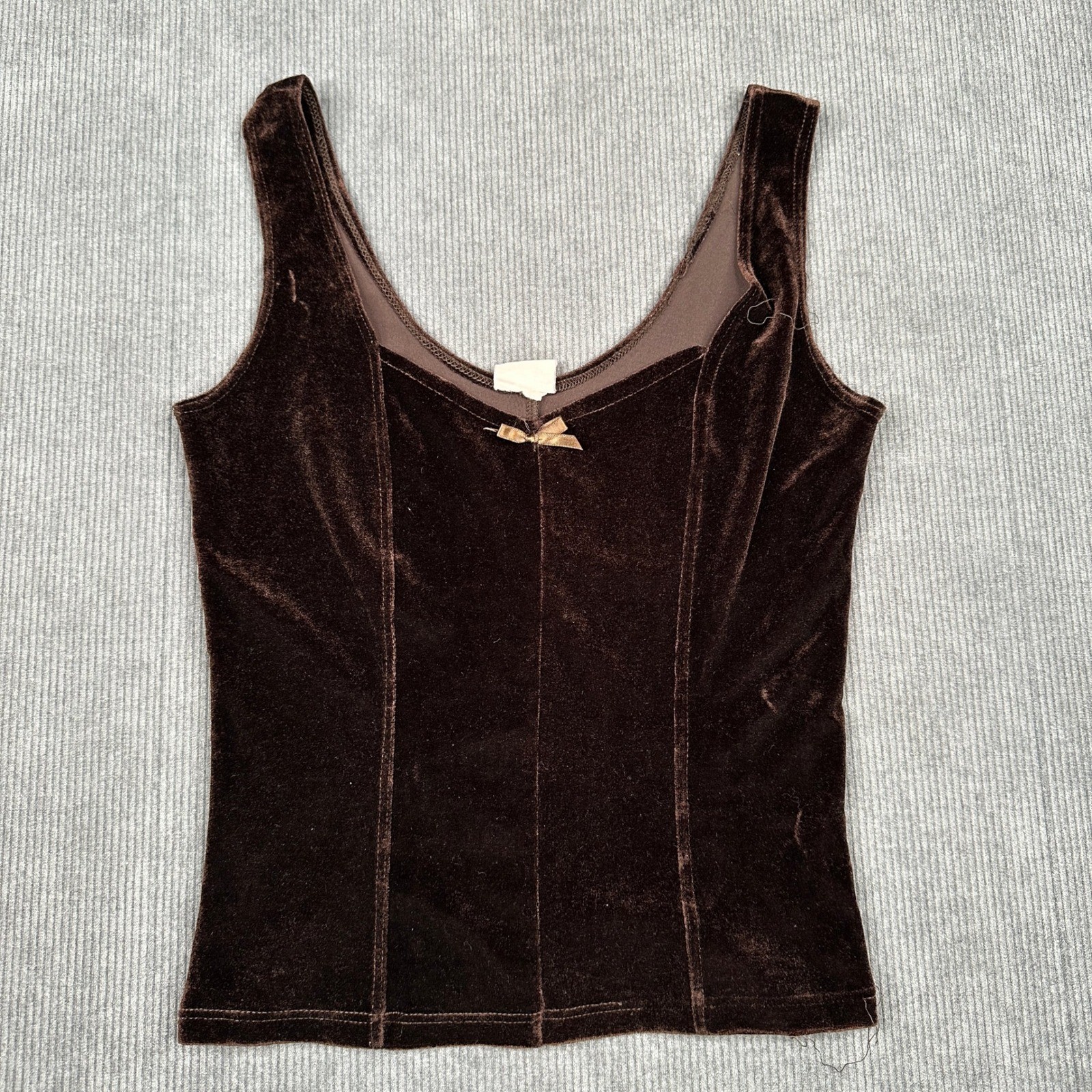 Vintage Diamond’s USA Chocolate Brown Velvet Bow Y2K Tank Top Corset Style Seams