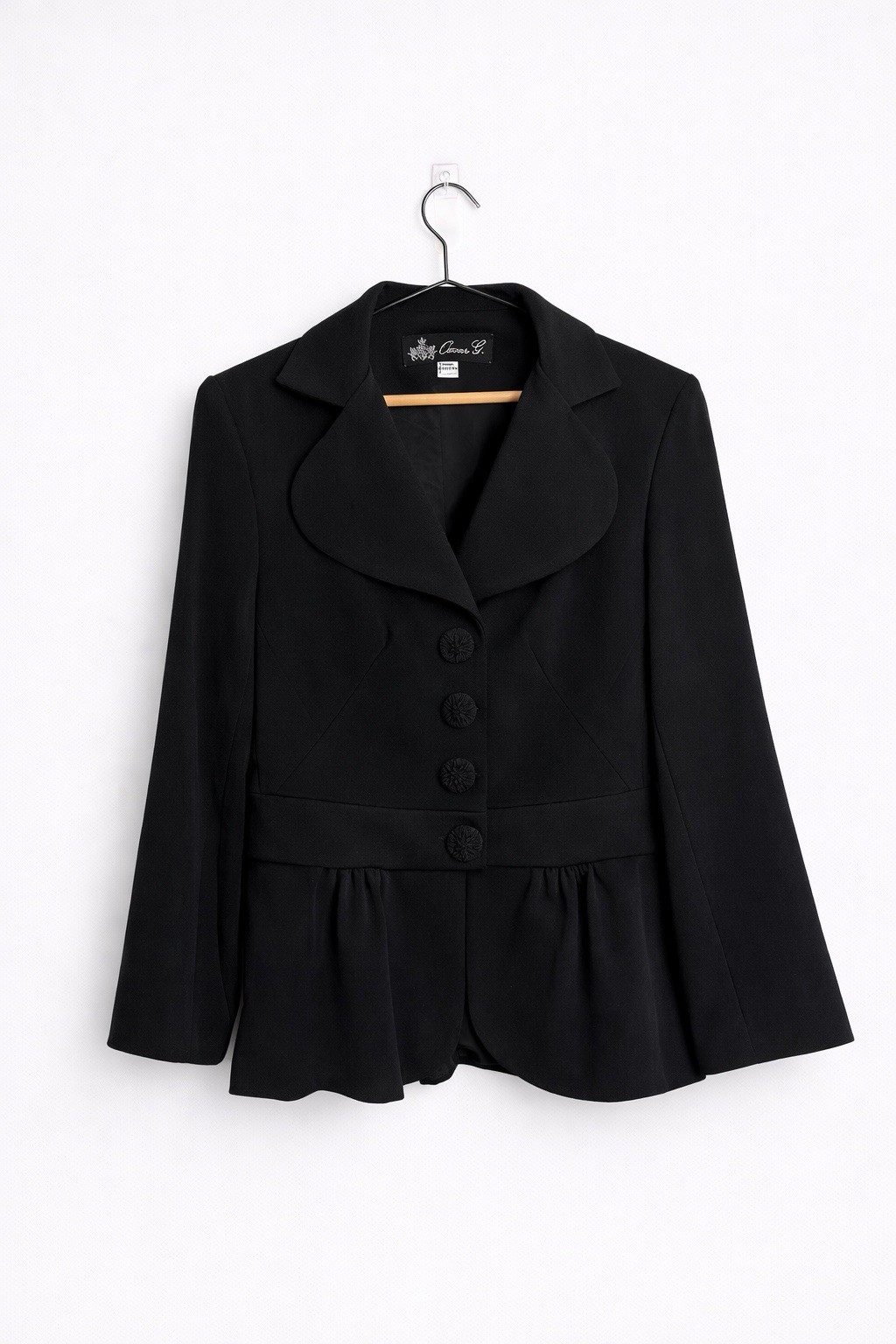 Vintage Oscar G Black Peplum Blazer Womens S M Made in USA Button Front Jacket