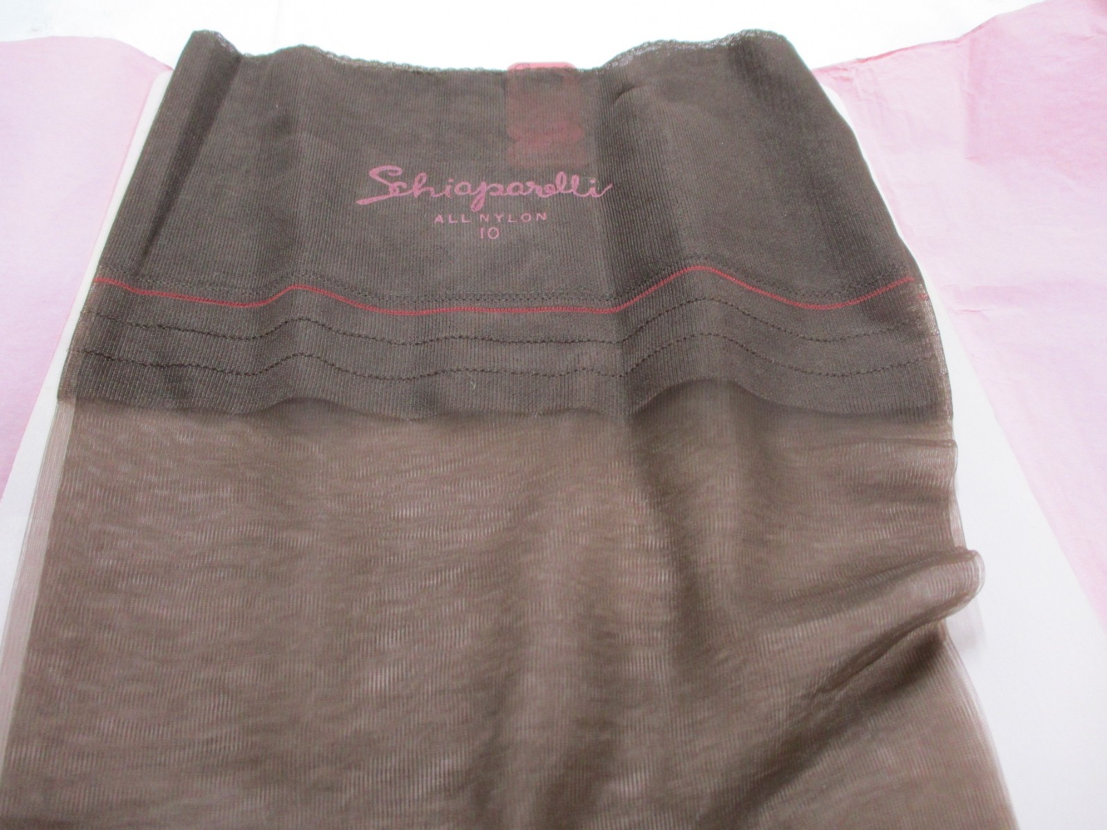 1 PR VINTAGE SCHIAPARELLI RT SHEER SHINY FLAT KNIT NYLON STOCKINGS SIZE 10 BROWN